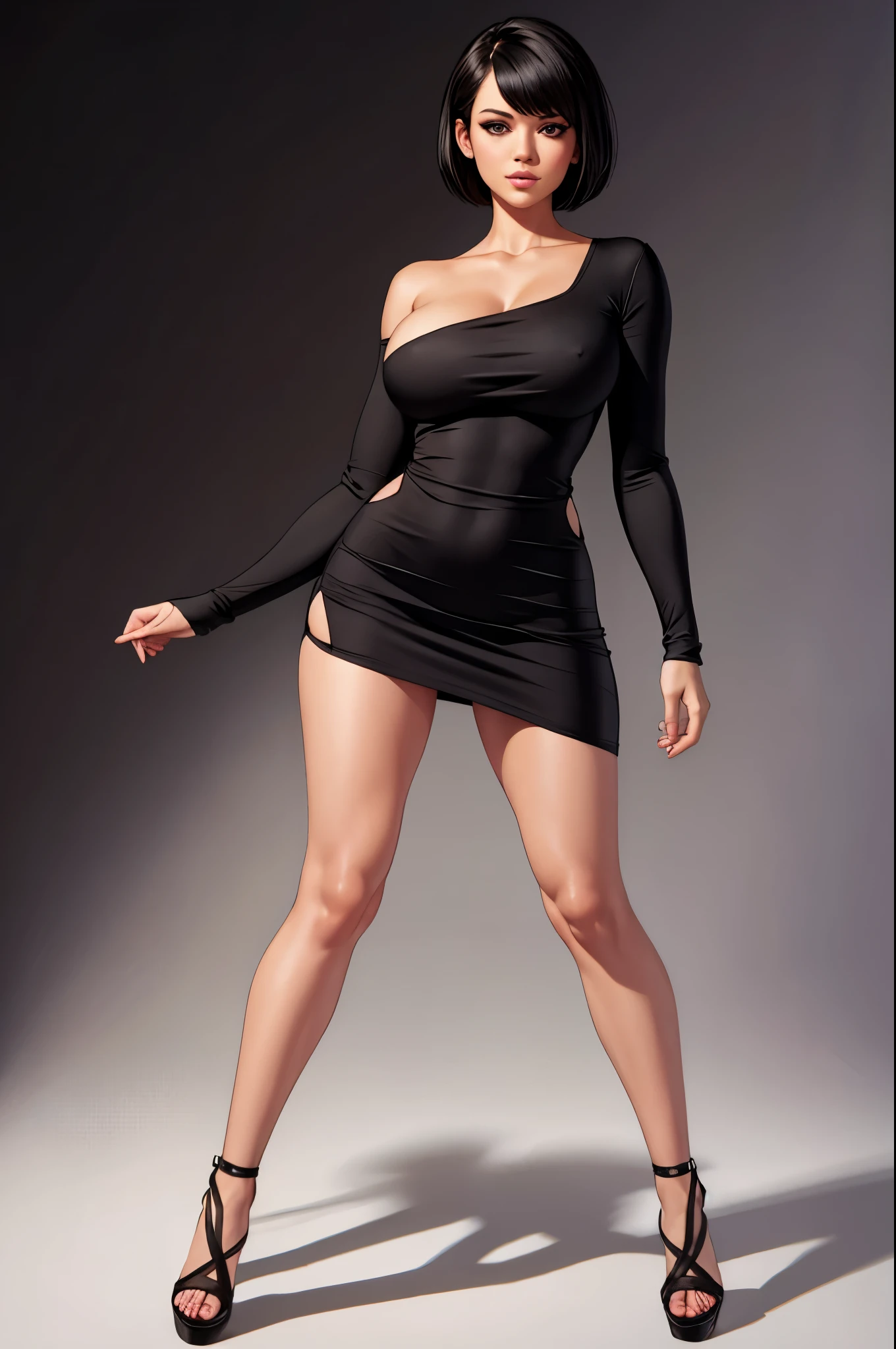 short tight dress, blank background, black background, short hair, full body shot