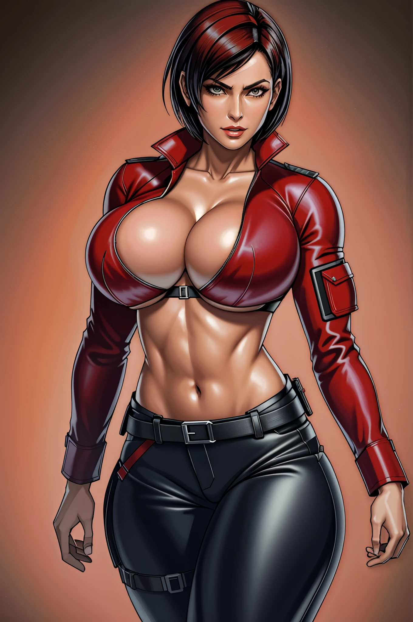 Resident Evil 6,ada,Ada Wong,ultra-quality,Photorealsitic,a red jacket,Black leather pants,An ultra-high picture quality,Digital SLR,Based on anatomical grounds,Depicted in detail,((flat breast:1.5)),A slight smil,Detailed face,