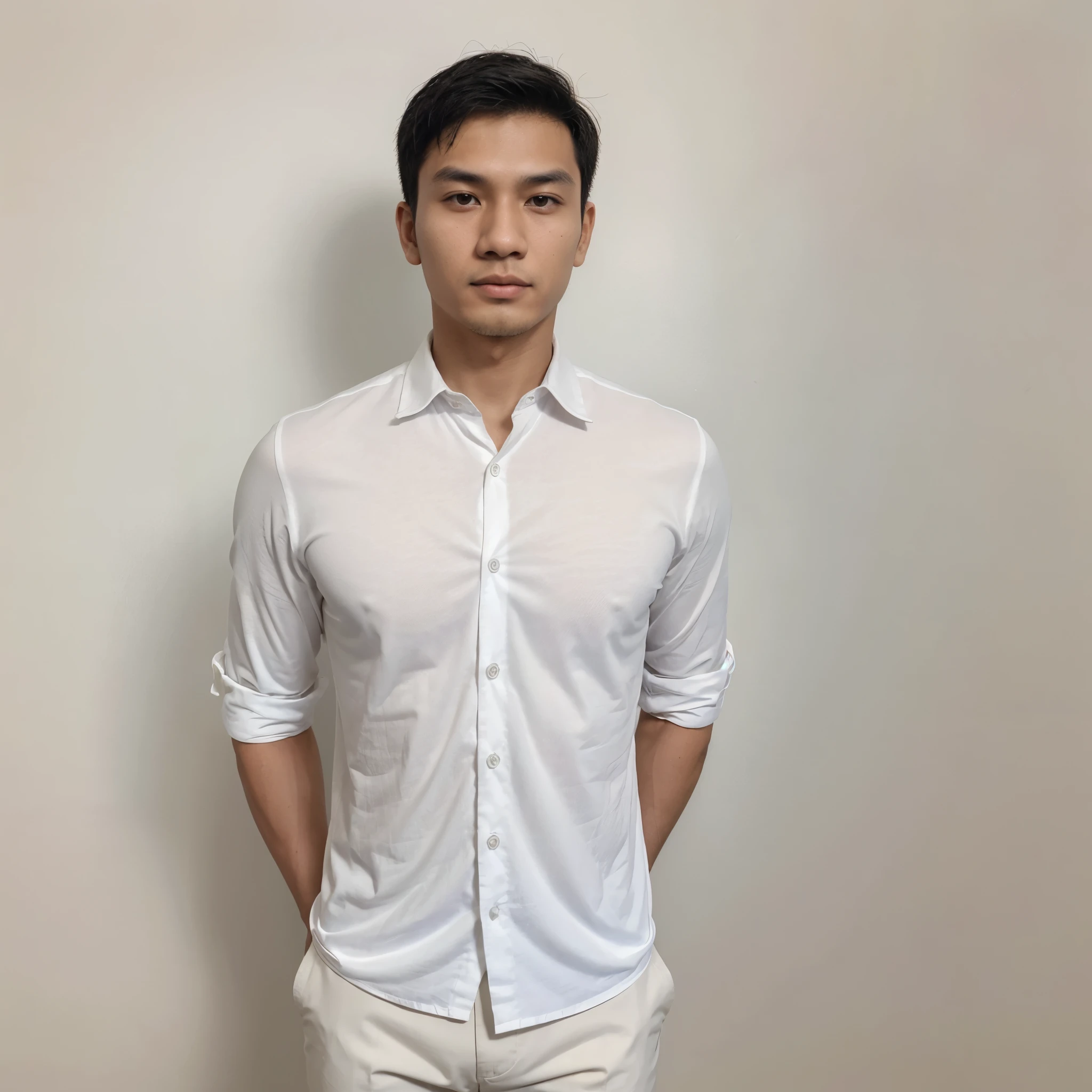 Photorealistic passport photo, a 25 year old Indonesianya man with a fit body, fit face, wearing a black suit, white shirt, medium hair. behind man are blank. The background color is plain bright red, blank background, empty background, without passport book, very realistic, front view. Ultra HD.