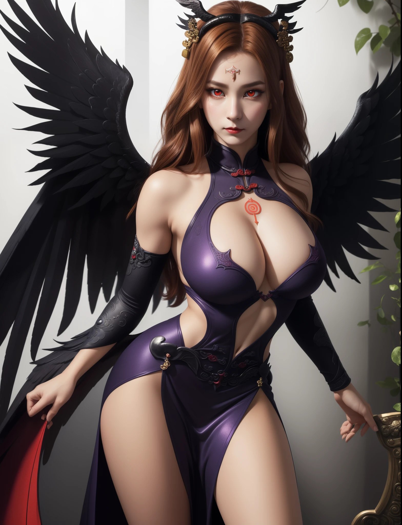 a close up of a woman in a purple dress with wings, (full body xianxia:1.42), diablo 4 lilith, aion, beautiful elegant demon queen, female lord of change, full - body majestic angel, a beautiful fantasy empress, raven winged female vampire, diablo 4 queen, beautiful succubus, succubus in tight short dress, villainess has black angel wings, ((a pair of huge raven angel wings)), (hyperrealistic), (illustration), (high resolution), (8K), (extremely detailed), (best illustration), (beautiful detailed eyes), (best quality), (ultra-detailed), (masterpiece), (wallpaper), (photorealistic), (natural light), (detailed face), (high detailed realistic skin texture), (anatomically correct), (solo:1.51), (1girl:1.52), (high detailed realistic hair), (caramel hair:1.35), (heterochromic eyes), (detailed eyes), (beautiful red eyes:1.37), (sparkling eyes), (realistic breasts:1.53), (slim waist), (slender abs), (dynamic pose), (closed tiny mouth:1.3), (concentrated expression), (dimple:1.34), forest,