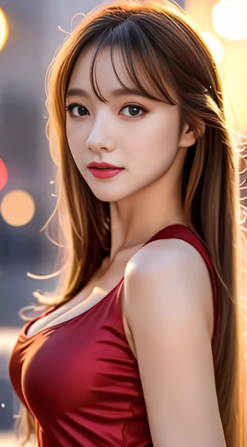 top-quality。８K-Picture。Ultra-high pixel。The background is the city at night。girl with。hair is long and slightly wavy,,,,,,,,,,,,,,,。The color is blondy。Glamour style、((huge-breasted：1.6))。wearing black skirt and whirt shirt、Photos dancing brilliantly。Delicate finish overall。The body line is gorgeous。legs are long、Wear red high heels。Hair shines like a reflection of the street。The eyeball reflects the surrounding landscape。The skin is wet with night dew。Almost perfect woman。time々In close-up of the upper body。