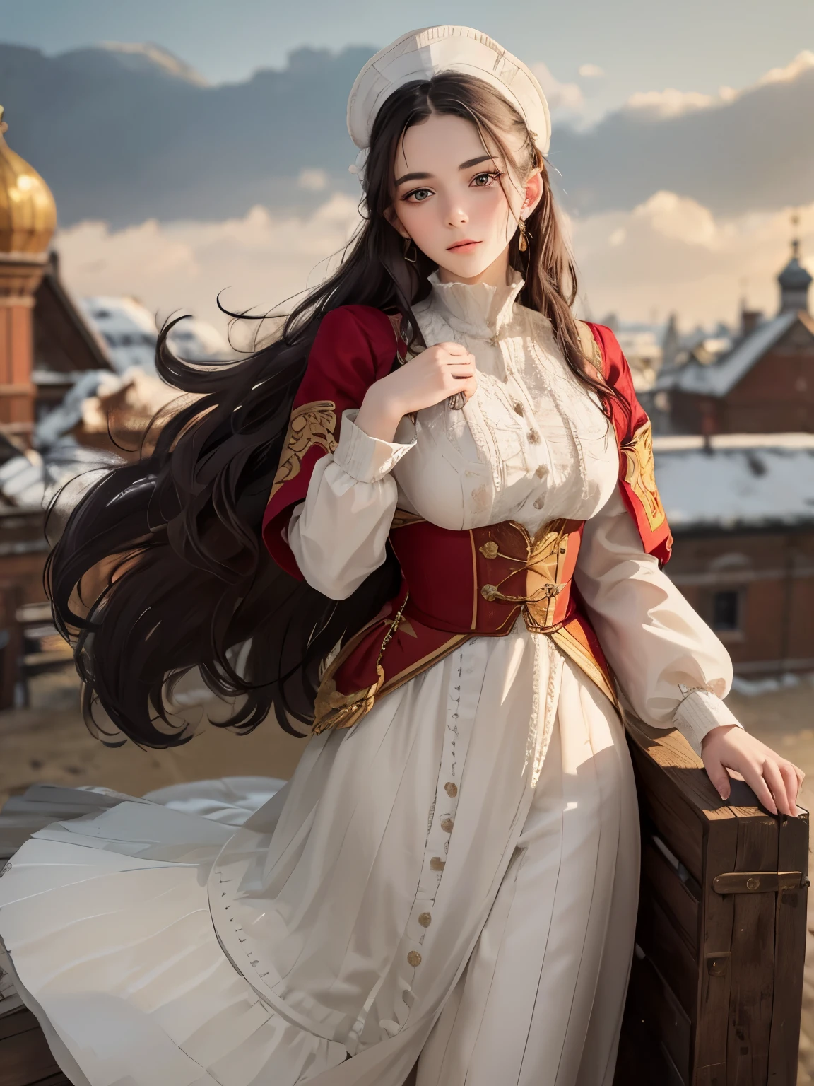 RAW photo.  Anna Karenina 22 years old., dressed in period clothes, Russia, 19th century AD, perspective, half body Detail, sharp focus, a little mixing, Detail, Such a feeling, that it's the Middle Ages, (high skin Detail: 1.2), 8к HD, SLR camera , Soft light, high quality, Fujifilm XT3 Grain Films.