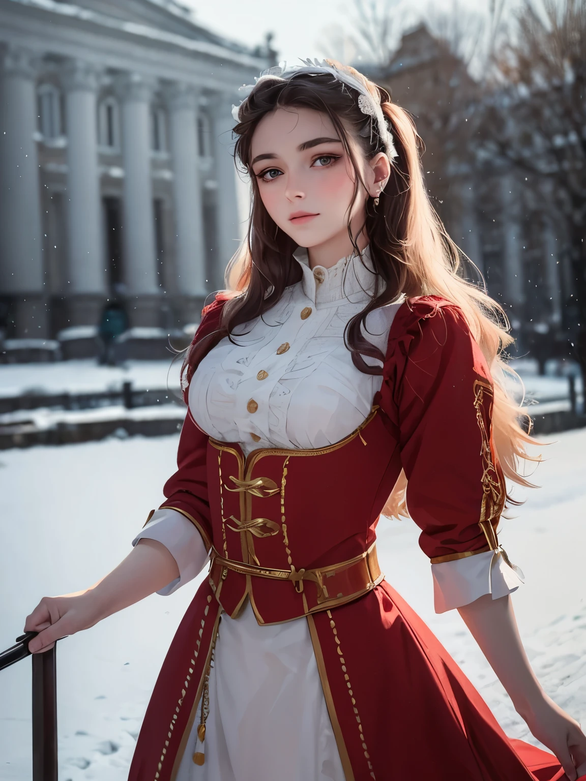 RAW photo.  Anna Karenina 22 years old., dressed in period clothes, Russia, 19th century AD, perspective, half body Detail, sharp focus, a little mixing, Detail, Such a feeling, that it's the Middle Ages, (high skin Detail: 1.2), 8к HD, SLR camera , Soft light, high quality, Fujifilm XT3 Grain Films.