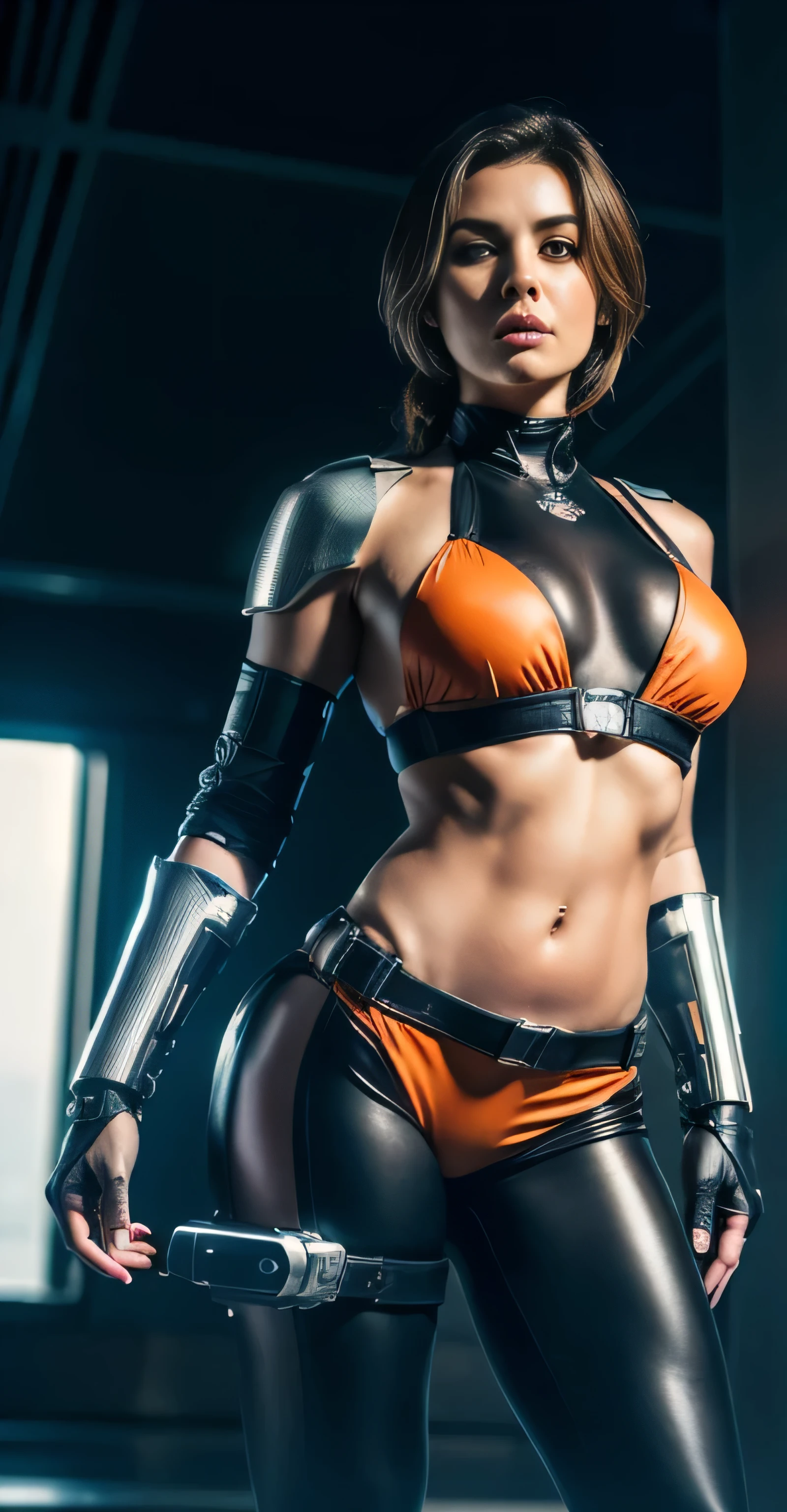 ((masterpiece, 8K, 3D, Realistic, Super Detail)), (1girl:1.3), slender 17 age, Ultra Micro photography, Super realistic, Perfect face, Beautiful features, ((Perfect female body)) Beautiful features, ( body), ((small hip)), Lauren Cohan as (((2 piece Bikini))), Sci-fi futuristic cyberpunk ((bionic orange chest metal armor suit)), Futuristic soldier, ((Exposed thigh)), Exposed Skin, Front Full body Shot, full body portrait, futuristic city background