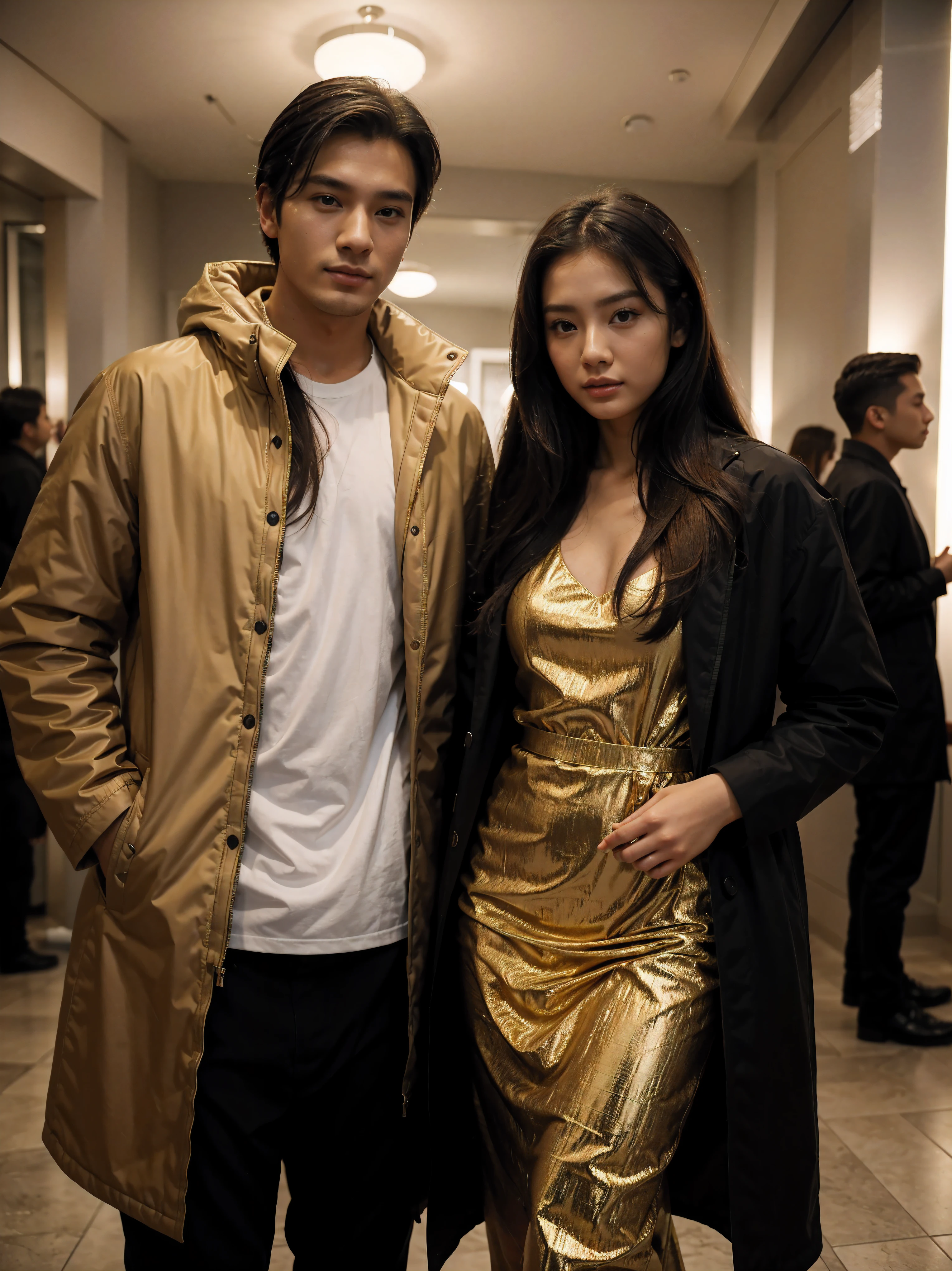 a man and a woman standing next to each other at a Party, an image, inspired by Adam Dario Keel, parka jacket, which is trending in the cg community, beautiful young Korean woman dressed in Long party dress movie screencap, model elisajes from acquamodels