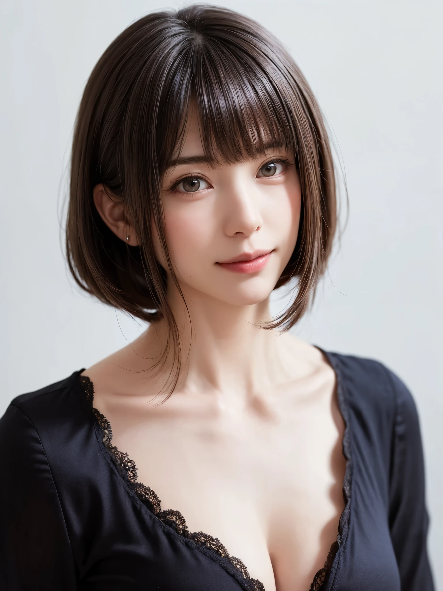 (masterpiece, highest quality),1 girl, alone, scarf, have, realistic, realistic, looking at the viewer, light colored black eyes, Brunette short bob hair with highly detailed shiny hair, Winter clothes, Whity, lips, bangs, outdoor, closed mouth, Upper body、Big eyes、eyelash、((There'There'There'There's really no background、really pure white background))、(((bangsのあるショートヘア、Big eyes、big and full chest、look at the audience、beautiful beauty、show me your ears、long neck、smile、please close your mouth and smile)))、ideal body proportions、(Tree-lined avenues in the winter wilderness of England)、{Huge|big|Hugeな|mega} chest, cleavage
