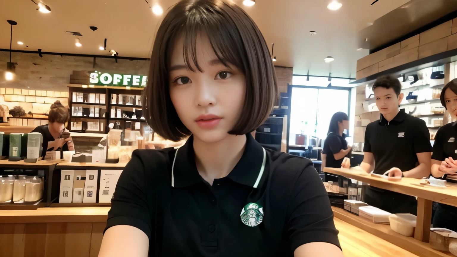 ((highest quality、8K、masterpiece:1.3))、sharp focus:1.2、beautiful woman with perfect body:1.4、((layered haircut))、、(black polo shirt)、(Inside the Starbucks store:1.2)、Highly detailed face and skin texture、 detailed eye、double eyelid、sunburned肌、Sexy、sunburned