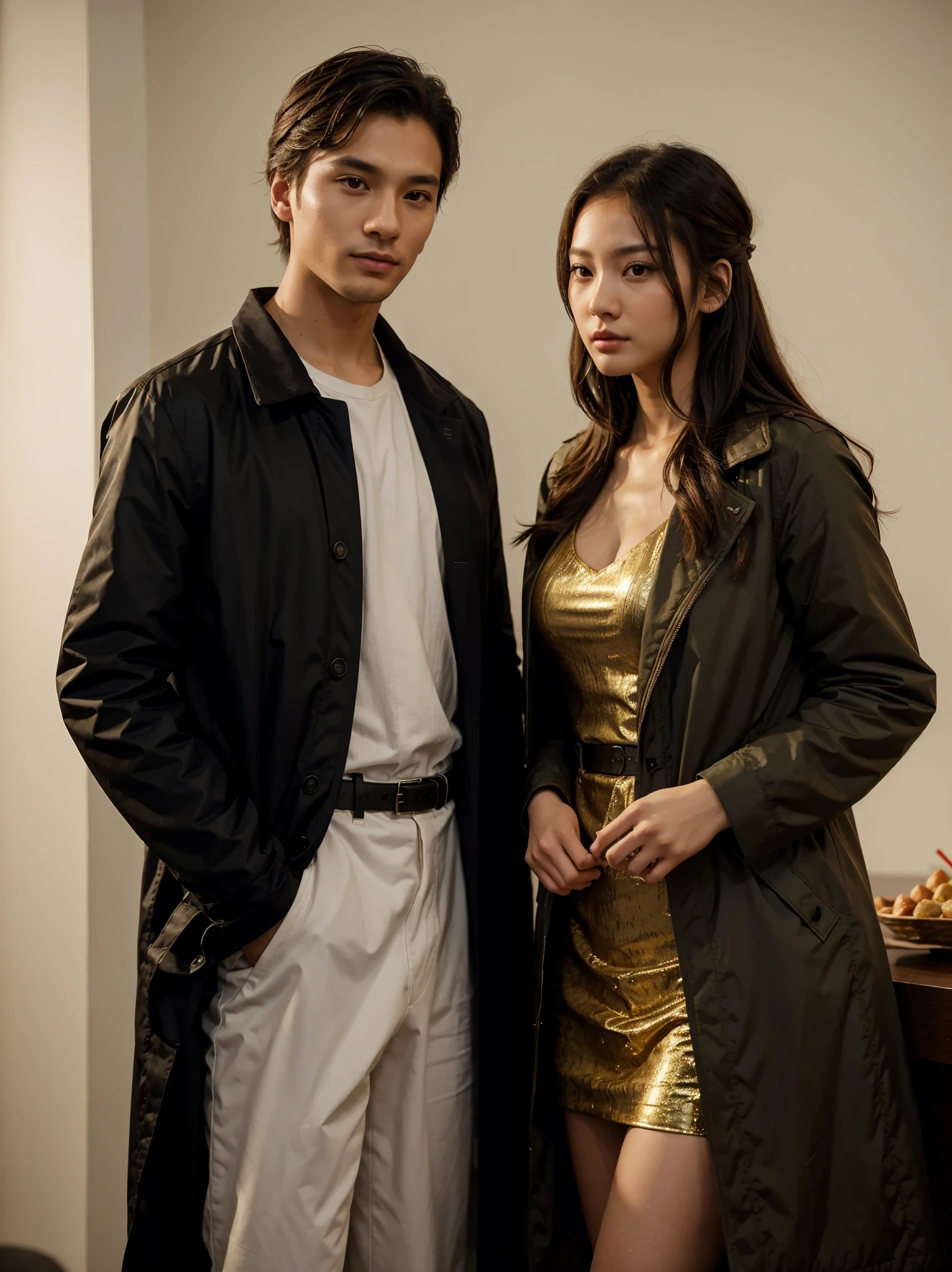 a man and a woman standing next to each other at a Party, an image, inspired by Adam Dario Keel, parka jacket, which is trending in the cg community, beautiful young Korean woman dressed in Long party dress movie screencap, model elisajes from acquamodels