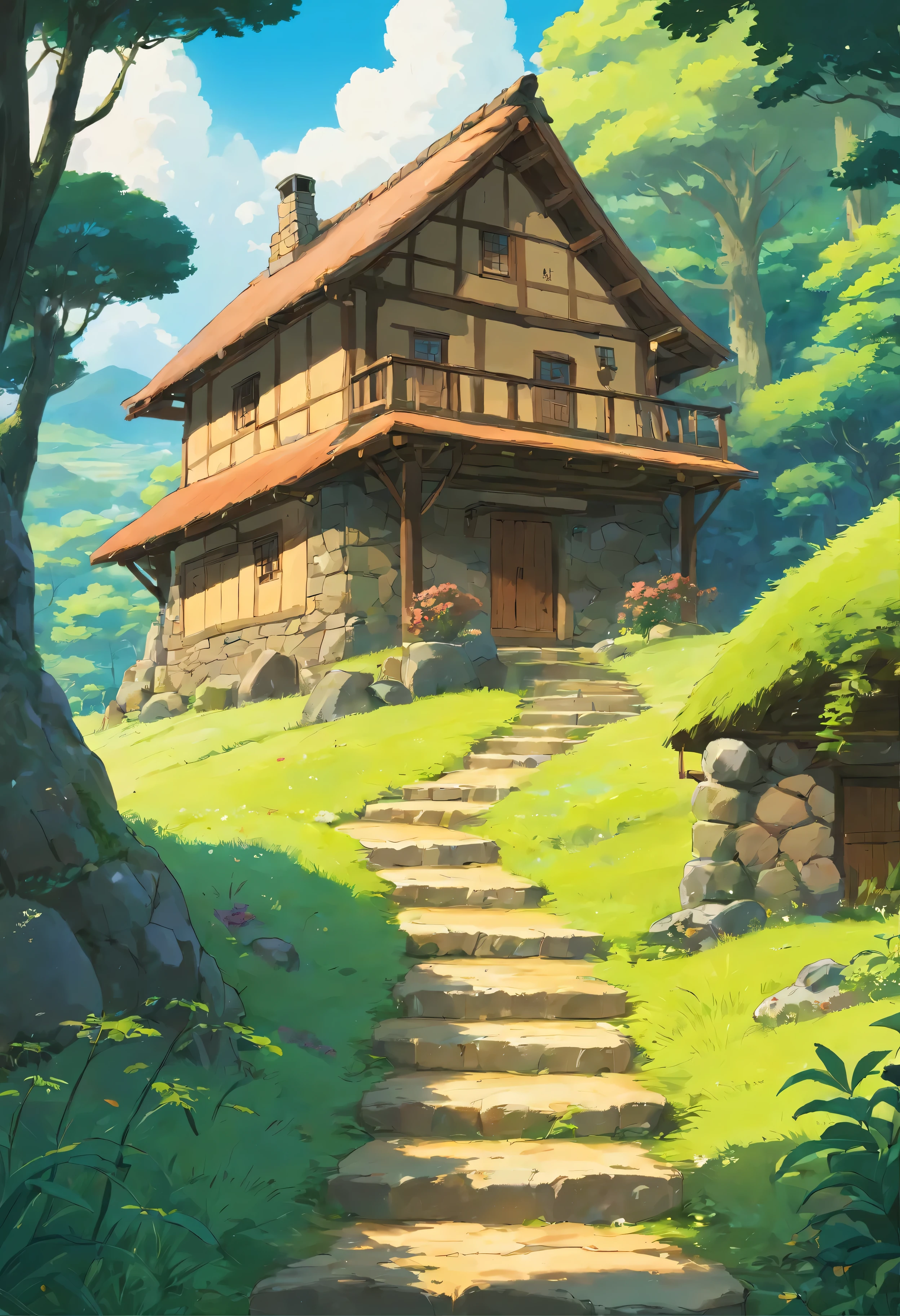 pintura de uma pequena casa feita de tijolos telhado marrom no meio do mato estilo nordeste com uma cerca de madeira na frente , muito perto da natureza real, by Matteo Pérez, taken at the beginning of 2020, pequena cabana em primeiro plano, Rustic stone hut on the horizon