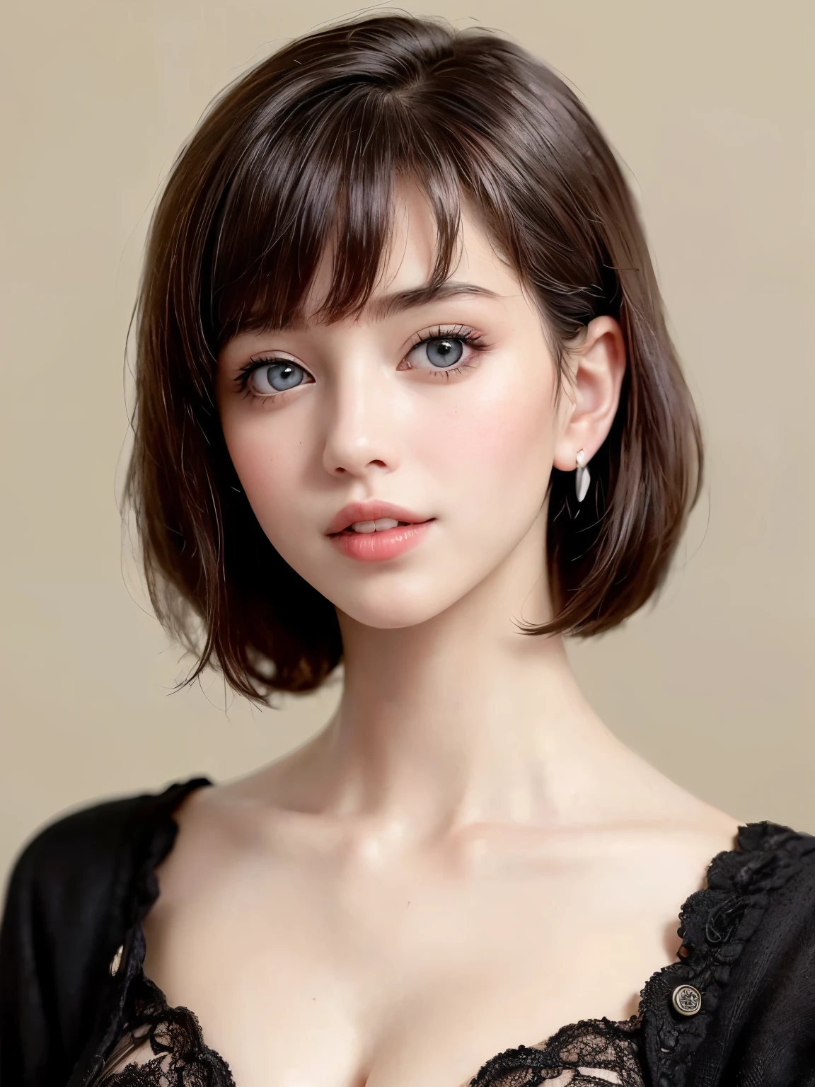 (table, top quality、ultra high resolution、focus on the face、focus on the sides、navel focus、neckline focus、Very attractive beauty、Adds intense highlight to eyes、look carefully at the camera:1.4、Incredibly beautiful bangs:1.4、Brunette short bob haircut with bangs:1.4),1 girl, report, black-haired, realistic, I look at the viewer, pale black eyes, short hair, lips, lip gloss, upper body、big eyes、eyelash)、((italian natural background、hyperreal stick:1.4))、((short hair with bangs:1.4、Beautiful bangs 46 points.:1.4、{huge|Big|hugeな|Mega} breast:2, split:2、big eyes、Give students very bright moments、very Bigger breast、Look at the audience、Very beautiful beauty、show me your ears、Beautiful long neck、beautiful neckline、smile、A smilee　Beautiful teeth、Open your mouth and smilee))、28 years、very cute super model、Ideal Anatomy