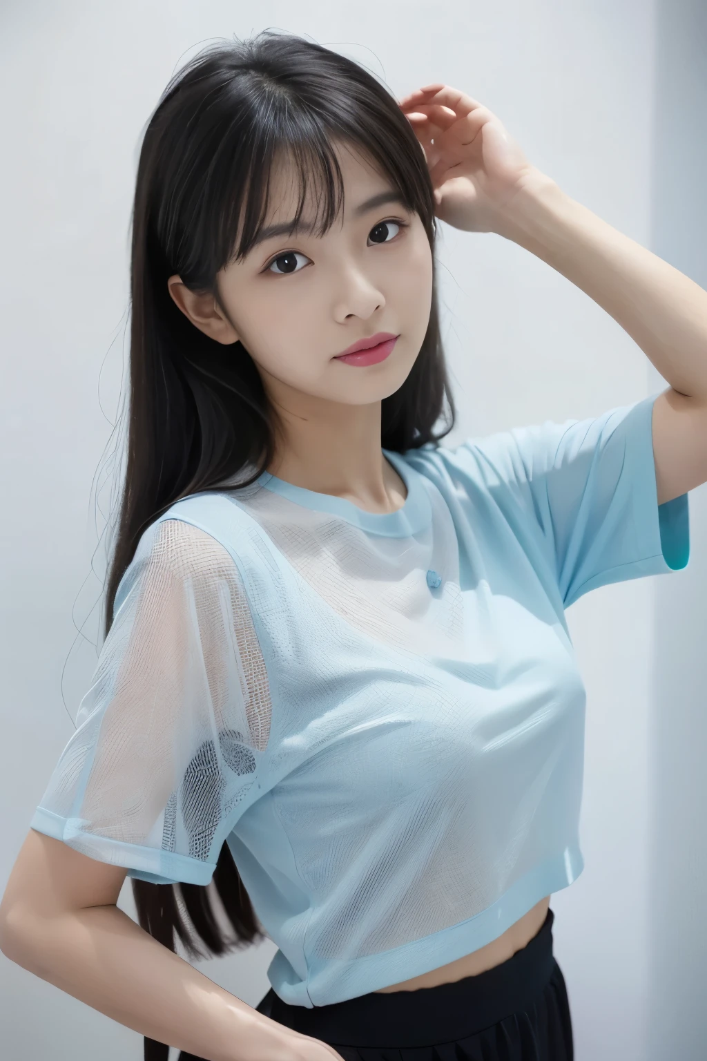 araffed woman in a 黒 top and スカート posing for a picture, thin, 360*, mesh shirt, short sleeve, shirt, high quality], See-through, high quality material bssrdf, 2 0 2 0 fashion, hungry ghost festival, 360, light blue, Cute tops, Official product images, on the web