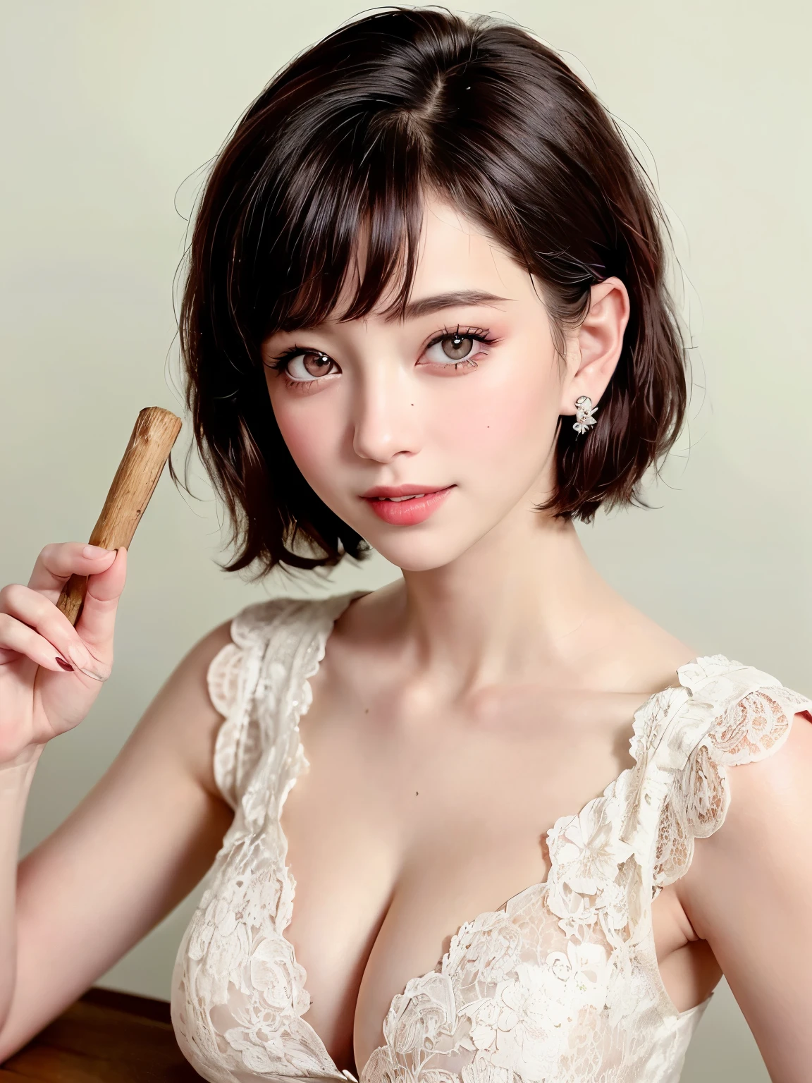 (table, top quality、ultra high resolution、focus on the face、focus on the sides、navel focus、neckline focus、Very attractive beauty、Adds intense highlight to eyes、look carefully at the camera:1.4、Incredibly beautiful bangs:1.4、Brunette short bob haircut with bangs:1.4),1 girl, report, black-haired, realistic, I look at the viewer, pale black eyes, short hair, lips, lip gloss, upper body、big eyes、eyelash)、((italian natural background、hyperreal stick:1.4))、((short hair with bangs:1.4、Beautiful bangs 46 points.:1.4、{huge|Big|hugeな|Mega} breast:2, split:2、big eyes、Give students very bright moments、very Bigger breast、Look at the audience、Very beautiful beauty、show me your ears、Beautiful long neck、beautiful neckline、smile、A smilee　Beautiful teeth、Open your mouth and smilee))、28 years、very cute super model、Ideal Anatomy