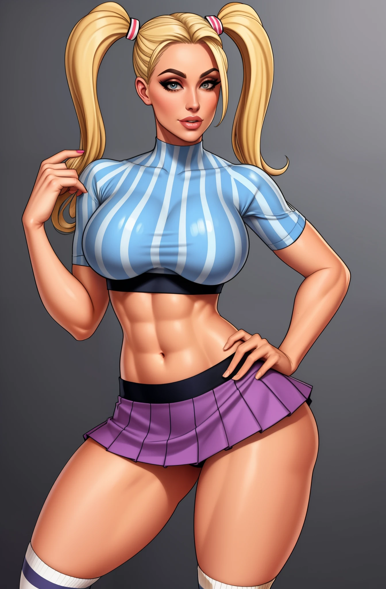 blonde woman, pig tails, midriff, short skirt, tight top, striped socks