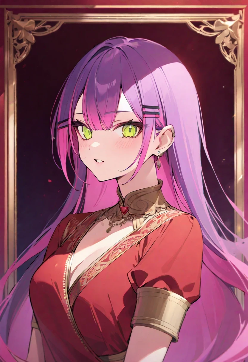 1 Girl with long purple hair, at the ball in a red dress, purple eyes, jewelry, dynamics
