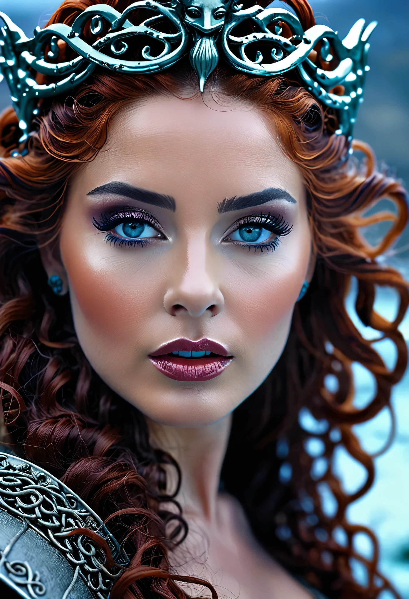 queen Medusa, pierced eyes, cinematic, cinematic colour grading, Alluring, beautiful, charming, comely, engaging, enticing, fair, glamorous, good-looking, gorgeous, handsome, lovely, pleasing, pretty, stunning, tempting beauty, movie stills, web series stills, solo, mediaeval cinematic tones, moody tones, blu Ray movie, icy nature background, mysterious wonderful place background, highly detailed, Best quality, 