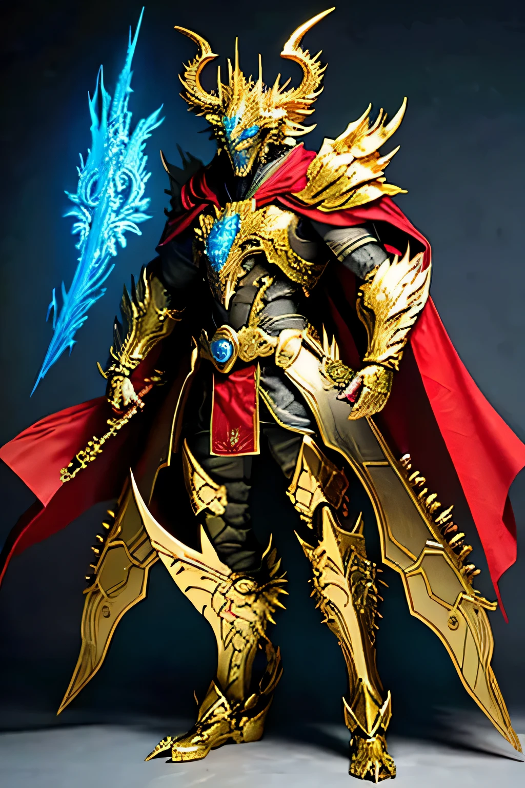 He has a golden sword in his mouth. blonde blue dragon wearing a red cloak quadrupedal walking