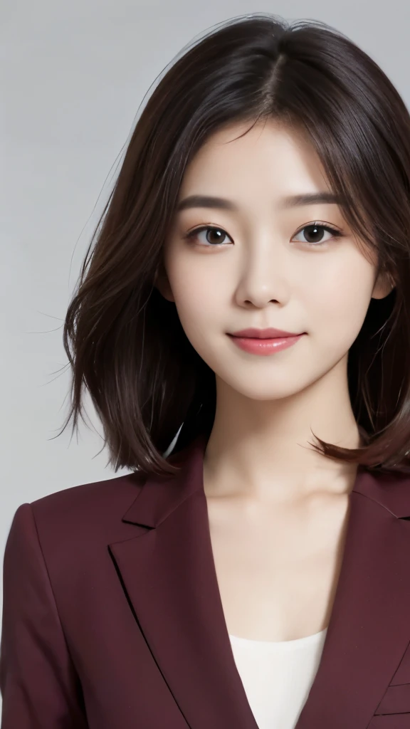 (Highly detailed CG Unity 8K wallpaper, highest quality, Super detailed, look at the camera:1.2, light shines on your face:1.5, gray background, professional lighting), 26 year old Japanese female, Composition of the upper body with a bright face. she has an oval face, soft arched eyebrows, bright expressive eyes,, pronounced nose, And a friendly smile. Her hair is shoulder-length, straight, dyed a bright maroon color. she is wearing a smart casual blouse, Probably in soft colors, Pair it with a chic blazer, embodies her lively and outgoing personality