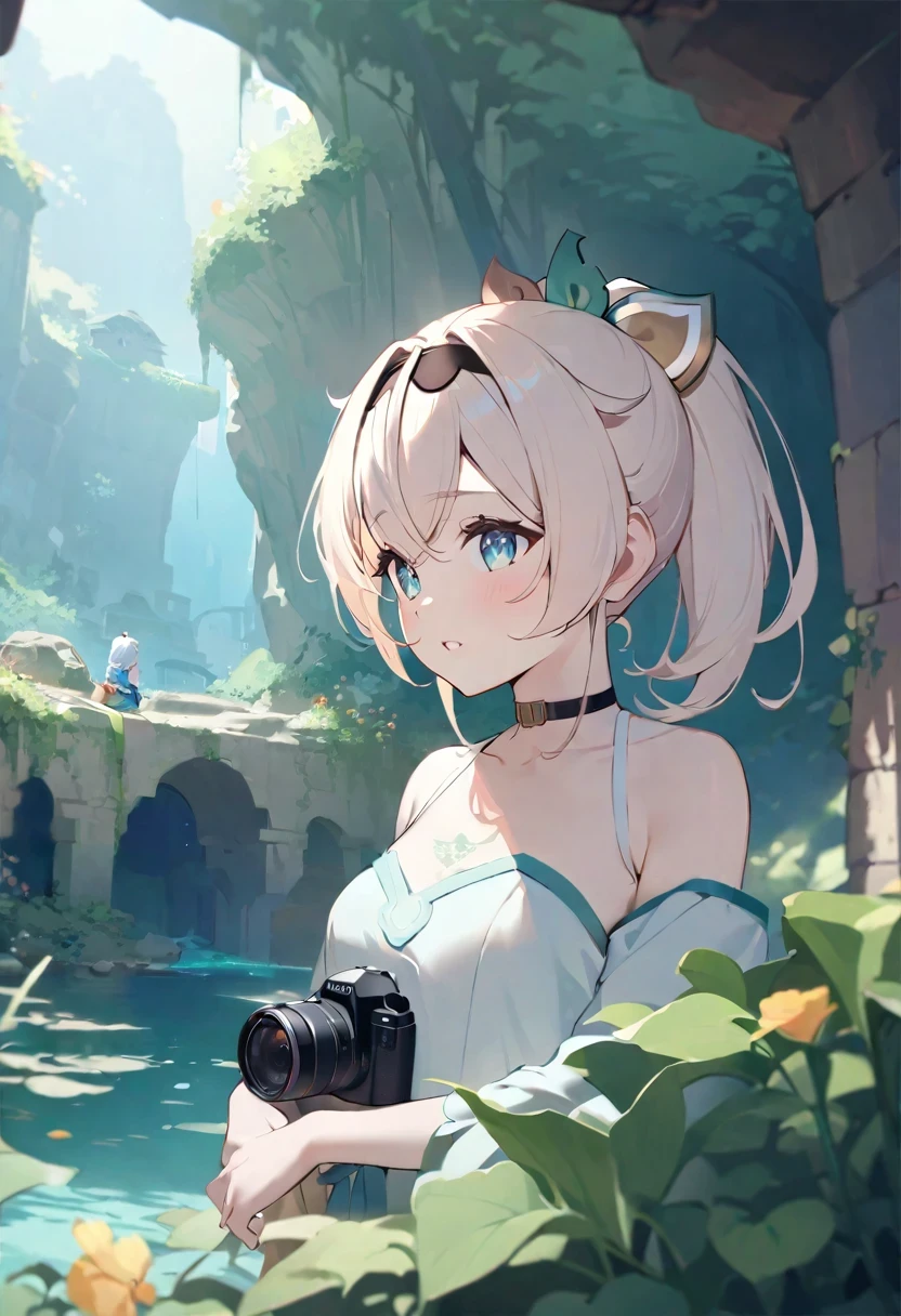 Kazama Iroha/(Holo live/),1 girl, alone, white_hair, tattoo, grotto, verdant, flowers, Fair, idyllic, sublimation, ridiculous, Surrealism, textured, maximum_detail, SLR camera