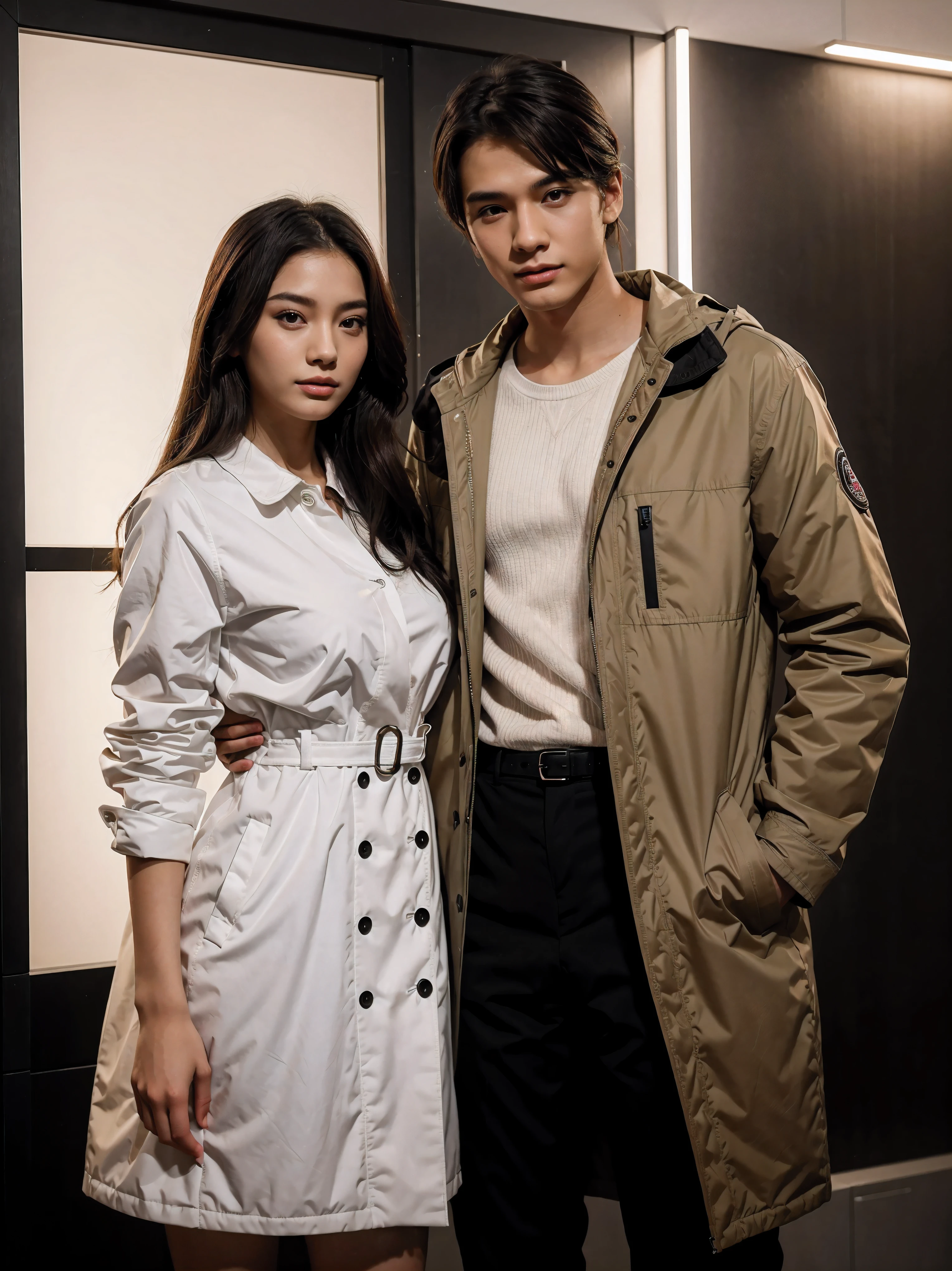 a man and a woman standing next to each other at a Party, an image, inspired by Adam Dario Keel, parka jacket, which is trending in the cg community, beautiful young Korean woman dressed in Long party dress movie screencap, model elisajes from acquamodels