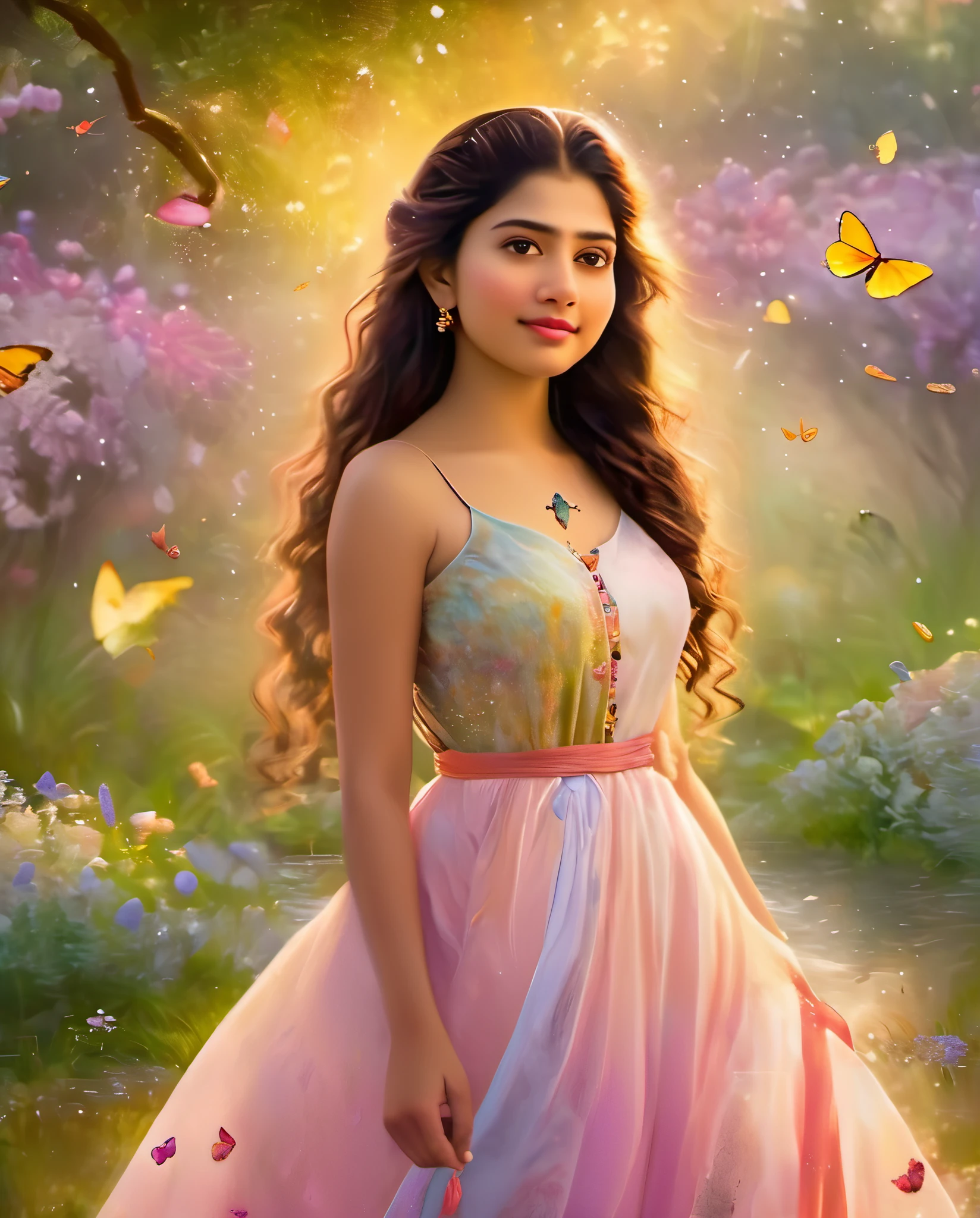 Looks like Sai Pallavi, 1girl, solo, full body, (masterpiece:1.21), (best quality:1.2), colorful, (illustration:1.2), (cinematic lighting:1.1), (bare shoulders:1.21), (collarbone:1.21)
In this whimsical and fantastical garden, the scene is illuminated by a rainbow of (colorful fireflies), dancing and fluttering in the air. The garden is decorated by a gentle (drizzle), creating a misty and ethereal atmosphere. In the center of the scene, there is a single girl, an extremely delicate and beautiful girl, with cute features and an innocent expression. Her long hair is flowing with the wind. She is wearing no shoulder straps dress, which is ultra low cut, highlighting her delicate curves.

The lighting is very delicate and beautiful, creating a soft and warm glow that highlights the water, making it sparkle like diamonds. The finest grass is also illuminated, creating a lush and verdant carpet. The garden is surrounded by colorful flower fields, with blooms of every color and shape. (Colorful butterflies), of every shade and size, can be seen fluttering around the scene, adding to the overall sense of wonder and magic. (look ai viewer),A blush can be seen on her nose, and her mouth is slightly open, adding to the overall sense of innocence and youthfulness. Falling petals can be seen floating around her, adding to the overall sense of romance and beauty. A gentle wind is blowing through the scene, making the leaves rustle and the flowers sway, adding to the overall sense of movement and life. This is a scene of pure wonder and magic, filled with color and beauty, where the viewer can lose themselves in the enchanting and captivating world.