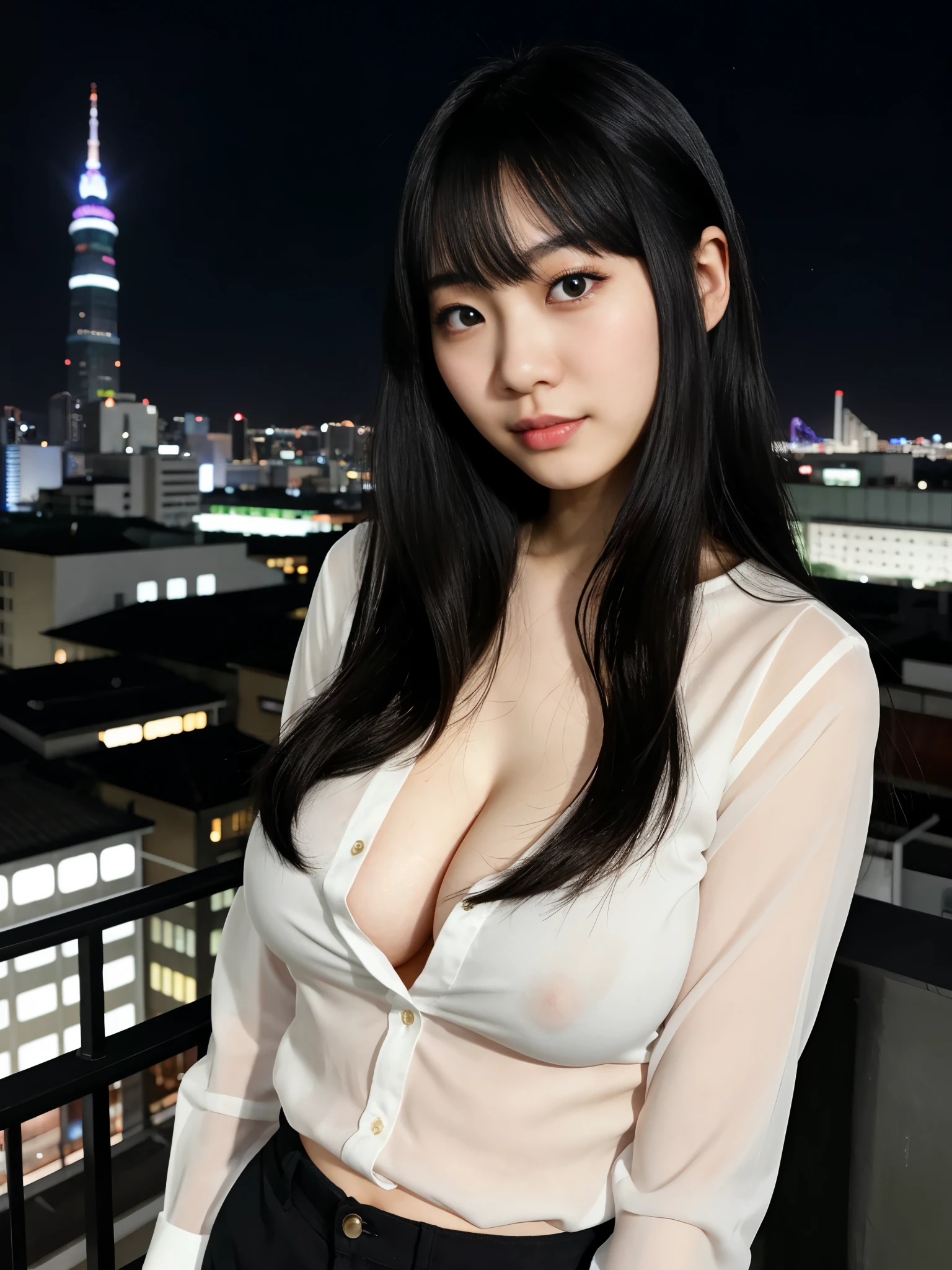 cute japanese girl, 25 years old, perfect green eyes, plump lios, black long hair, slim body, massive breasts:1.2, in a white shirt, midnight, on the roof, midnight city background