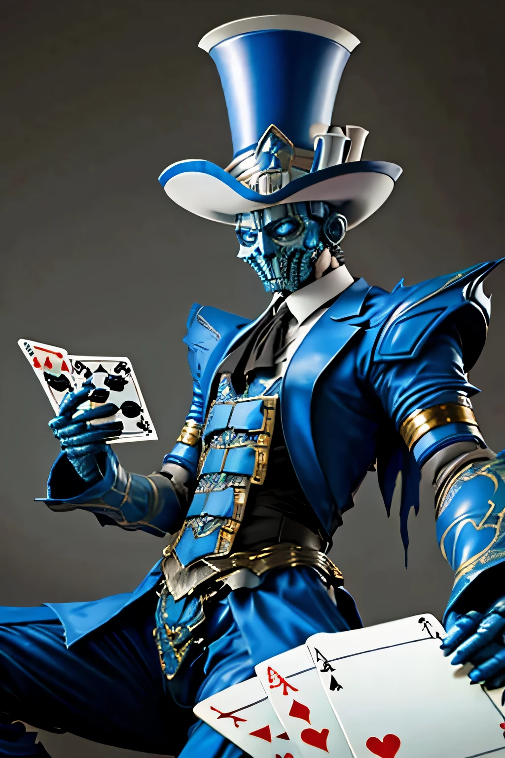 A robot dressed as a blue magician wearing a top hat use playing cards
