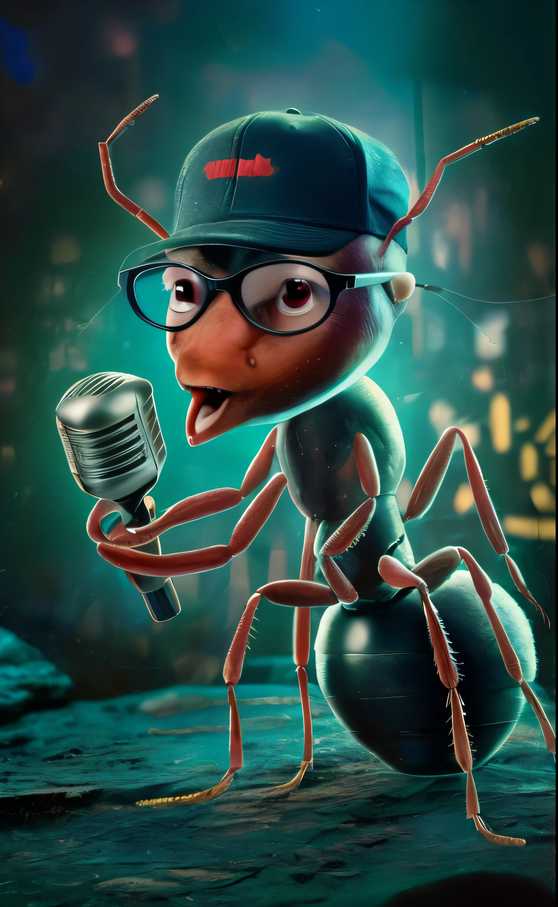 an ant with a cap and glasses, Segurando um microfone, cantando RAP