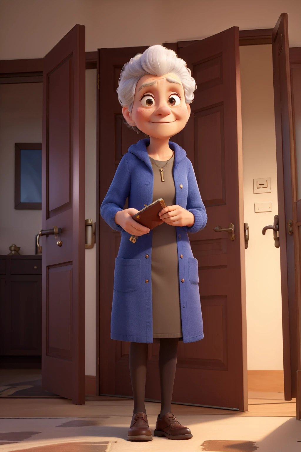UMA JOVEM DE VESTIDO AZUL DE CABELOS PRETOS E ONDULADOS, WITH DARK BROWN EYES IN FRONT OF A DOOR OF A HOUSE WITH A BIBLE IN HAND TALKING TO AN ELDERLY WOMAN.