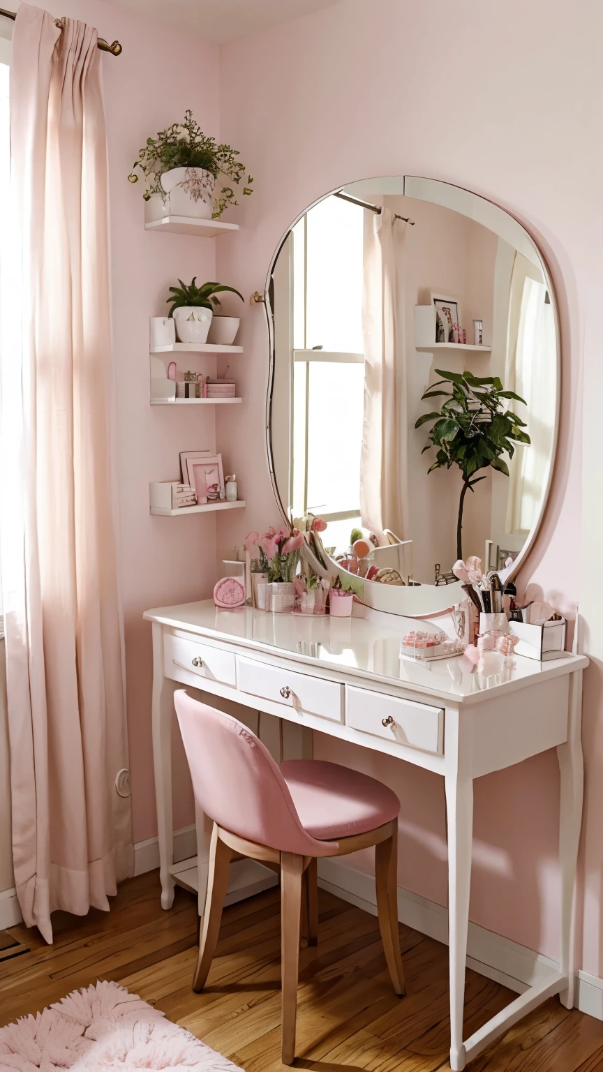 dressing table, mirror, pink, cute, cozy, make up at wall shelf, plants picture, room, empty