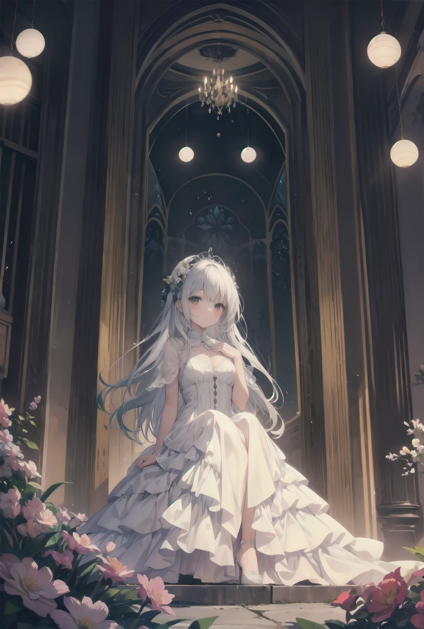 "Bathed in the soft glow of luminescent flowers, a young girl wearing a voluminous white gown adorned with layers of frilly lace sits on a marble bench in a serene garden. The air is filled with tiny, glowing orbs that reflect off the petals of the flowers and the fabric of her dress, giving the impression of a dreamlike fairytale setting. A sense of tranquility permeates the scene, emphasizing the peaceful nature of this celestial paradise."