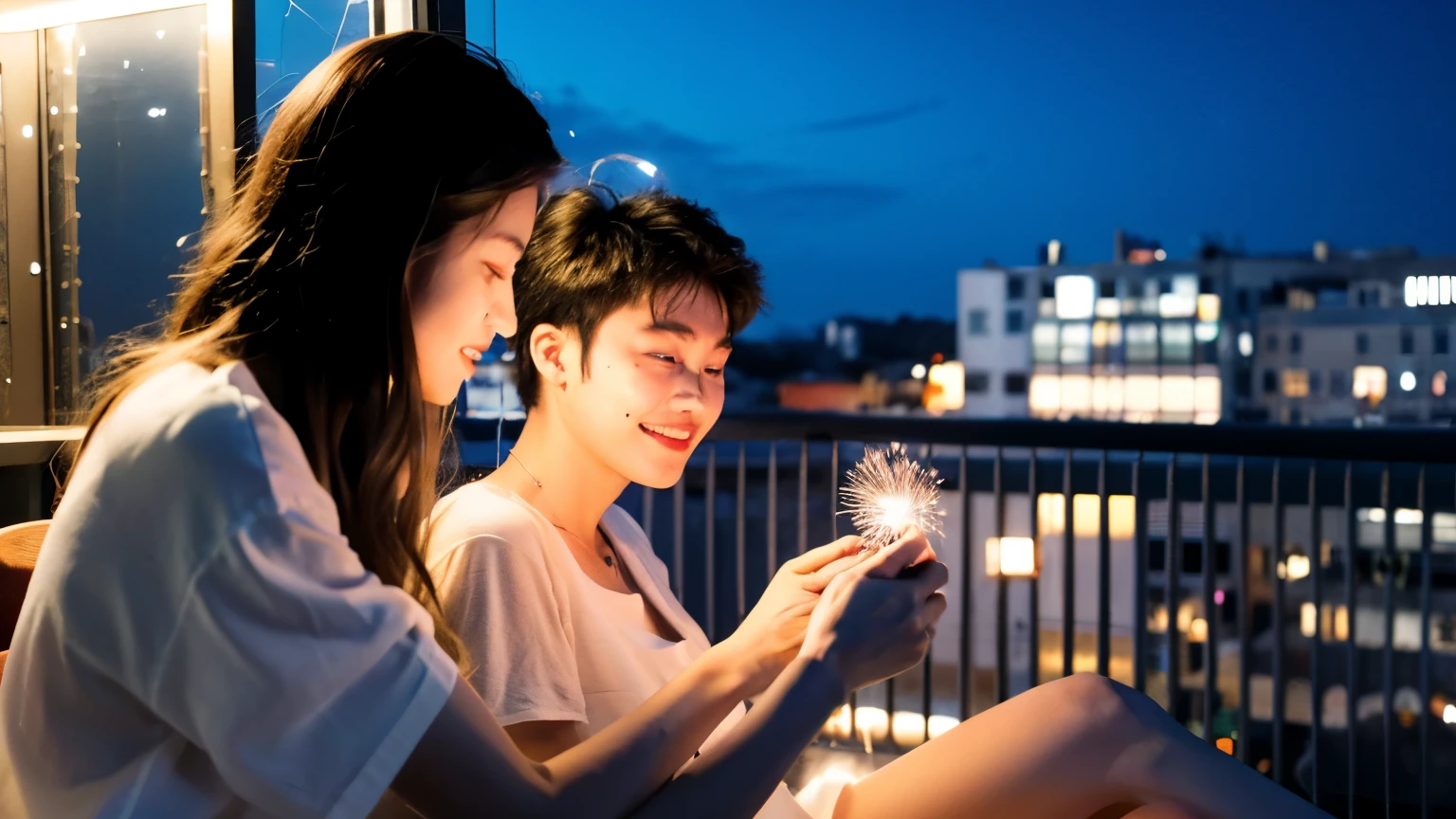 Watching fireworks while holding hands with my lover on the balcony in the city at night