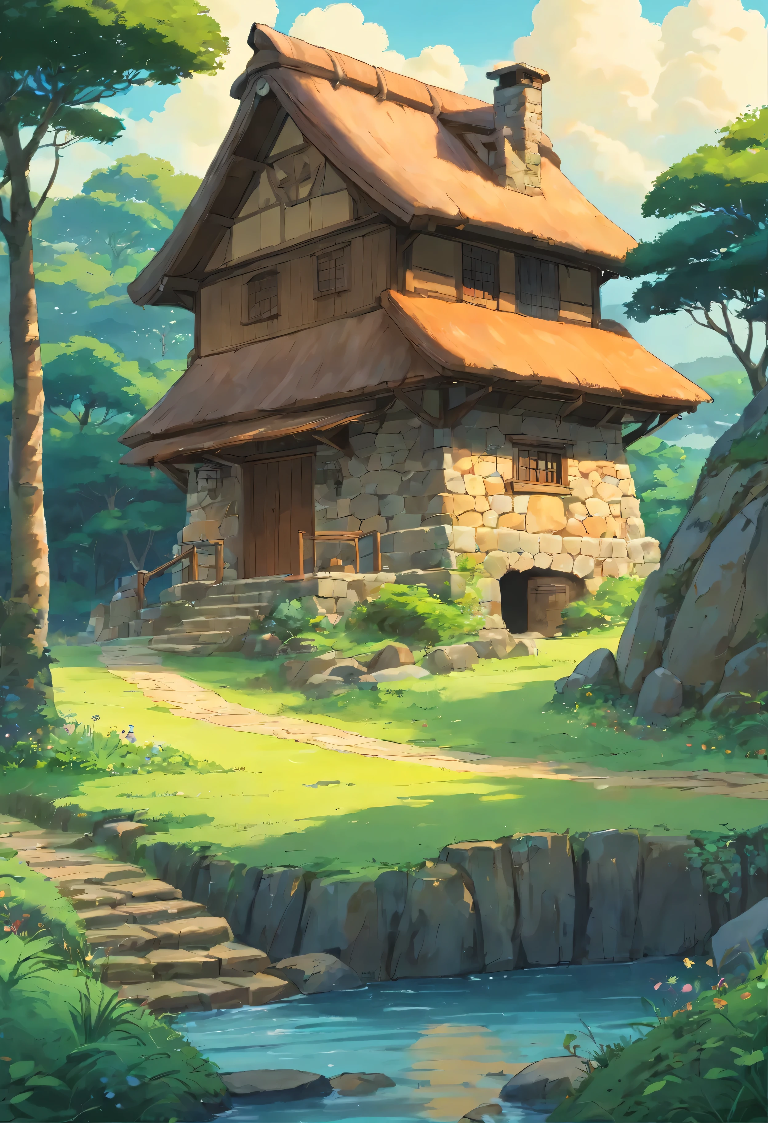 pintura de uma pequena casa feita de tijolos telhado marrom no meio do mato estilo nordeste com uma cerca de madeira na frente , muito perto da natureza real, by Matteo Pérez, taken at the beginning of 2020, pequena cabana em primeiro plano, Rustic stone hut on the horizon