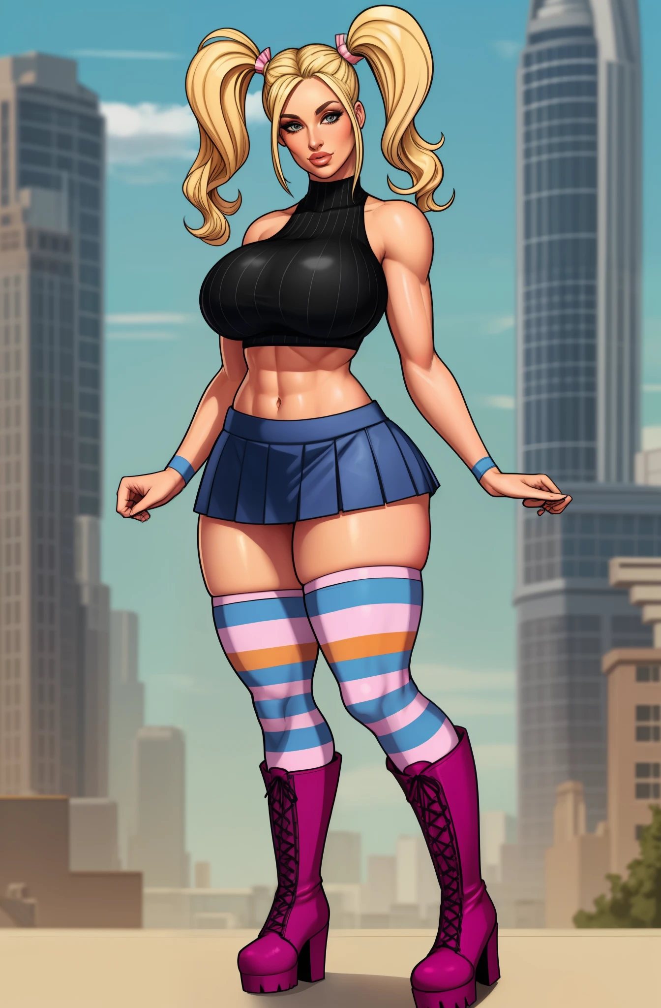 blonde woman, pig tails, midriff, short skirt, tight top, striped socks, heavy boots.  colourful