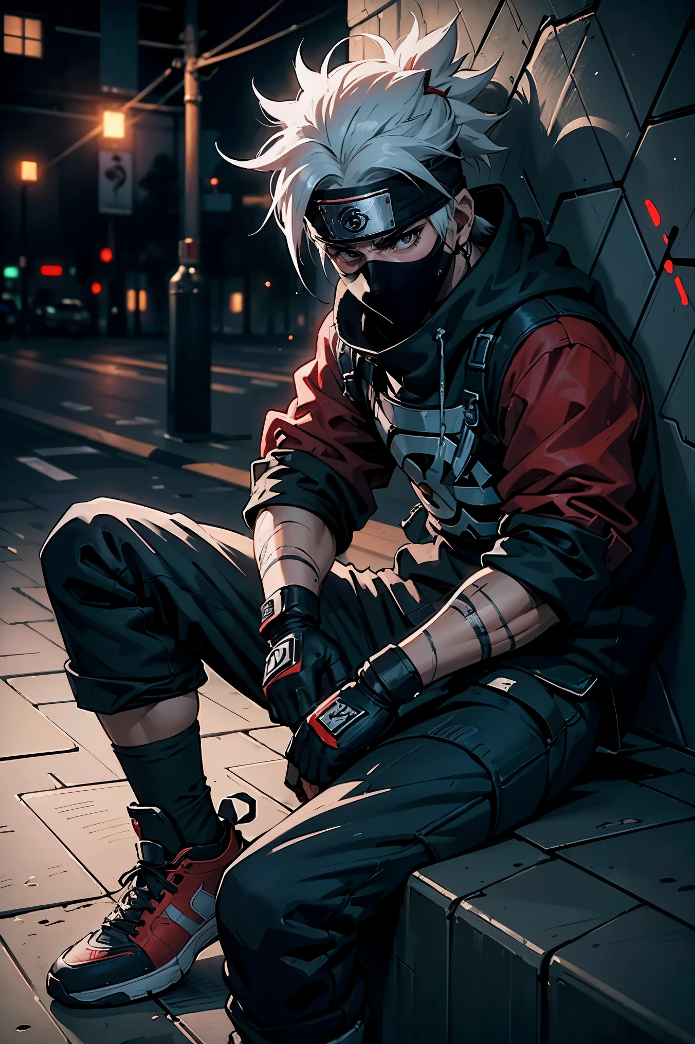 (best quality,4k,highres),Kakashi sitting on the ground with a street style, leaning against a wall, red Jordans, red ninja gloves, white hair, ninja headband, mask covering his mouth, graffiti background, vibrant colors, urban art style, edgy lighting