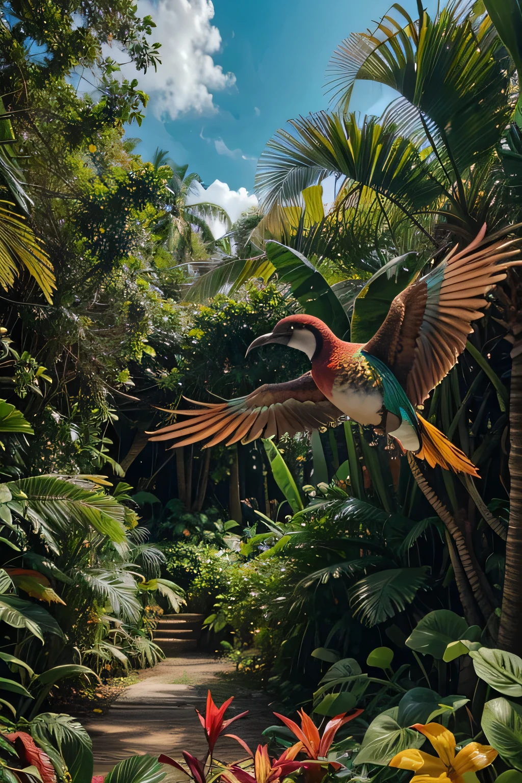 Uma camiseta branca com uma estampa digital de uma floresta tropical exuberante. Colorful birds fly among the trees, while tropical plants in vibrant tones fill the scene.