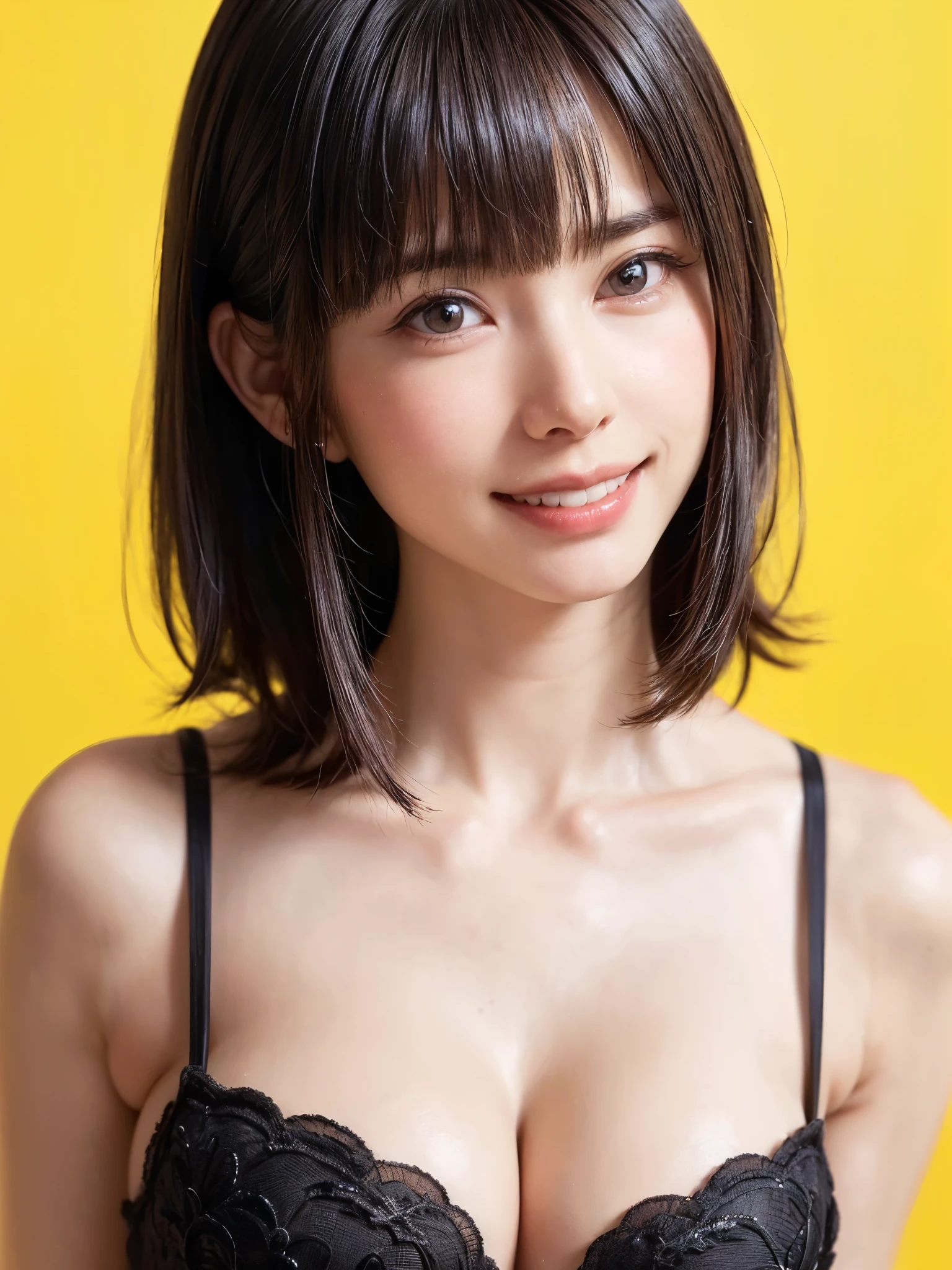 (table top, highest quality、ultra high resolution、face focus focus、focus on the sides、navel focus、decolletage focus、very attractive beauty、Add intense highlights to your eyes、look closely at the camera:1.4、Absolutely beautiful bangs:1.4、Brunette short bob hair with bangs:1.4),1 girl, Report, black haired, realistic, looking at the viewer, pale black eyes, short hair, lips, lip gloss, Upper body、Big eyes、eyelash)、((italian natural background、hyper real stick:1.4))、((short hair with bangs:1.4、Beautiful bangs with 46 points:1.4、{Huge|big|Hugeな|mega} chest:2, cleavage:2、Big eyes、Give students very powerful highlights、very bigger chest、look at the audience、very beautiful beauty、show me your ears、beautiful long neck、beautiful decollete、smile、A smilee beautiful teeth、Open your mouth and smilee))、28 years old、very cute super model、perfect anatomy
