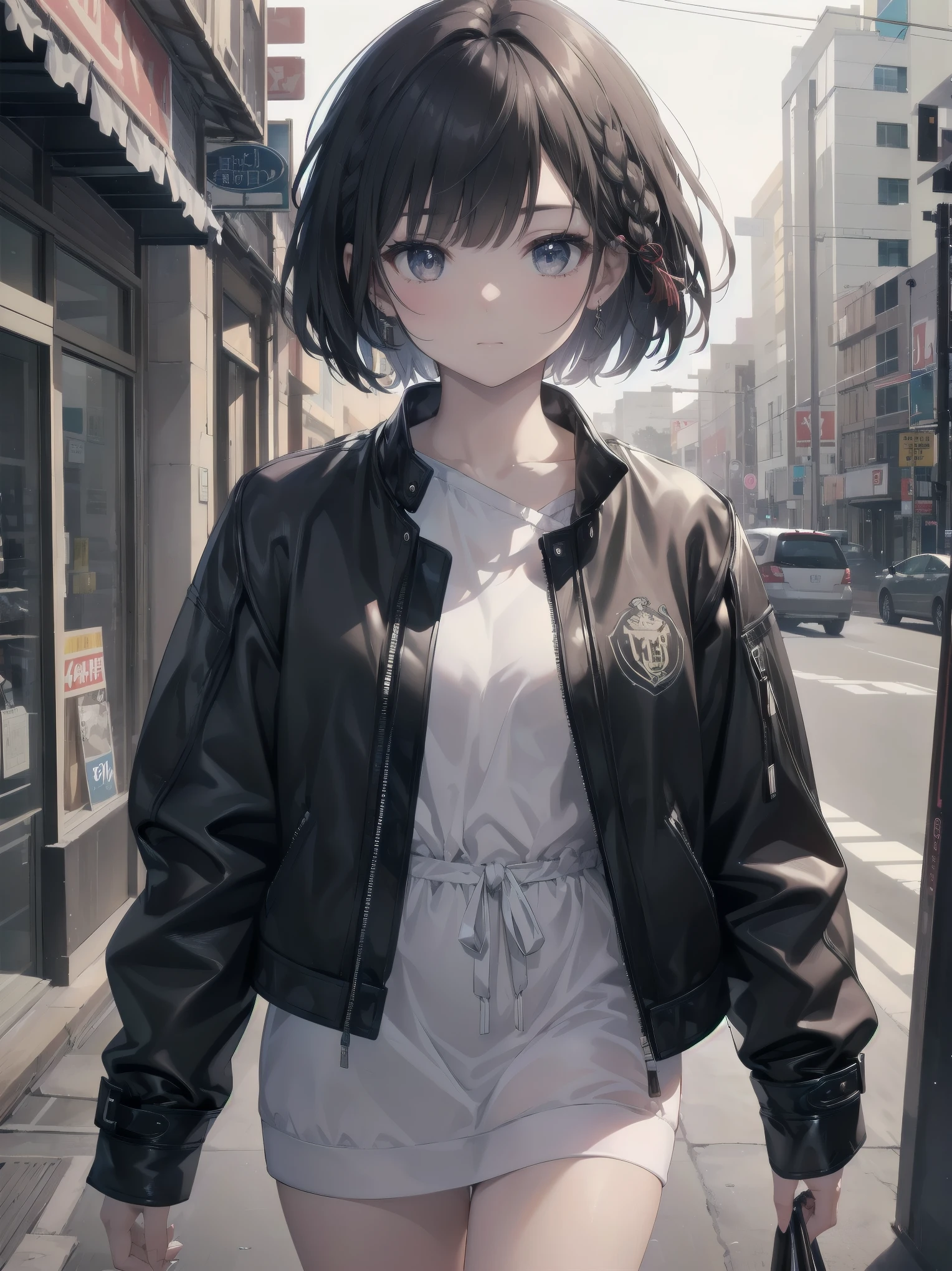 (((city:1.3, outdoor, Photographed from the front))), ((bob cut、braid、ribbon:1.3, leather jacket,brand clothes, japanese woman, cute)), (clean, natural makeup), (highest quality, masterpiece:1.3, 超High resolution), (Super detailed, caustics), (realistic:1.4, RAW shooting), very detailed, High resolution, 16K resolution