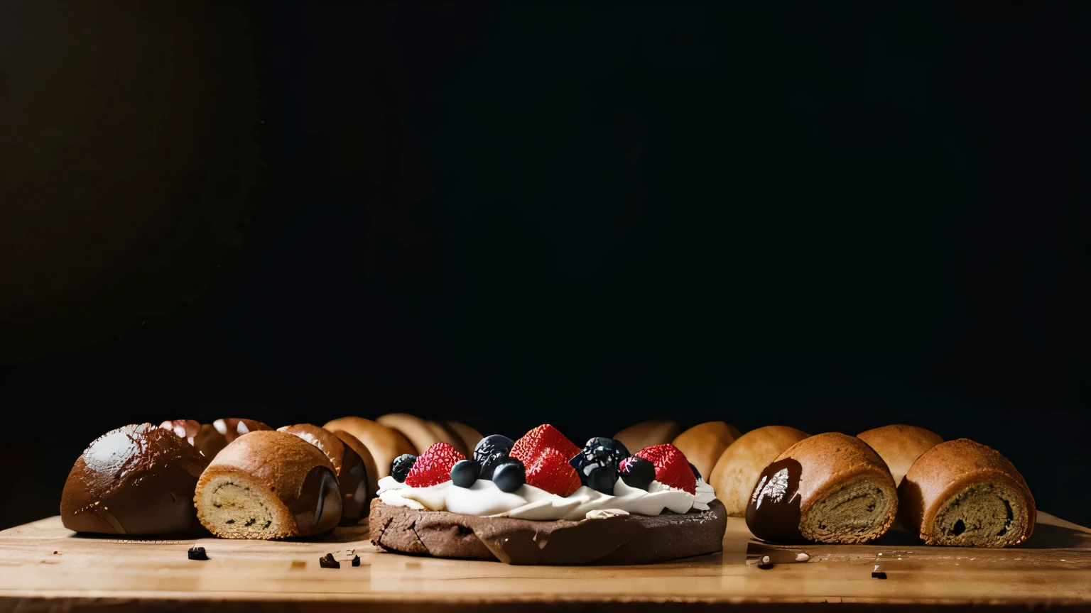 Various bakery cakes with fruits and chocolate, creme, fundo preto, isolamento.