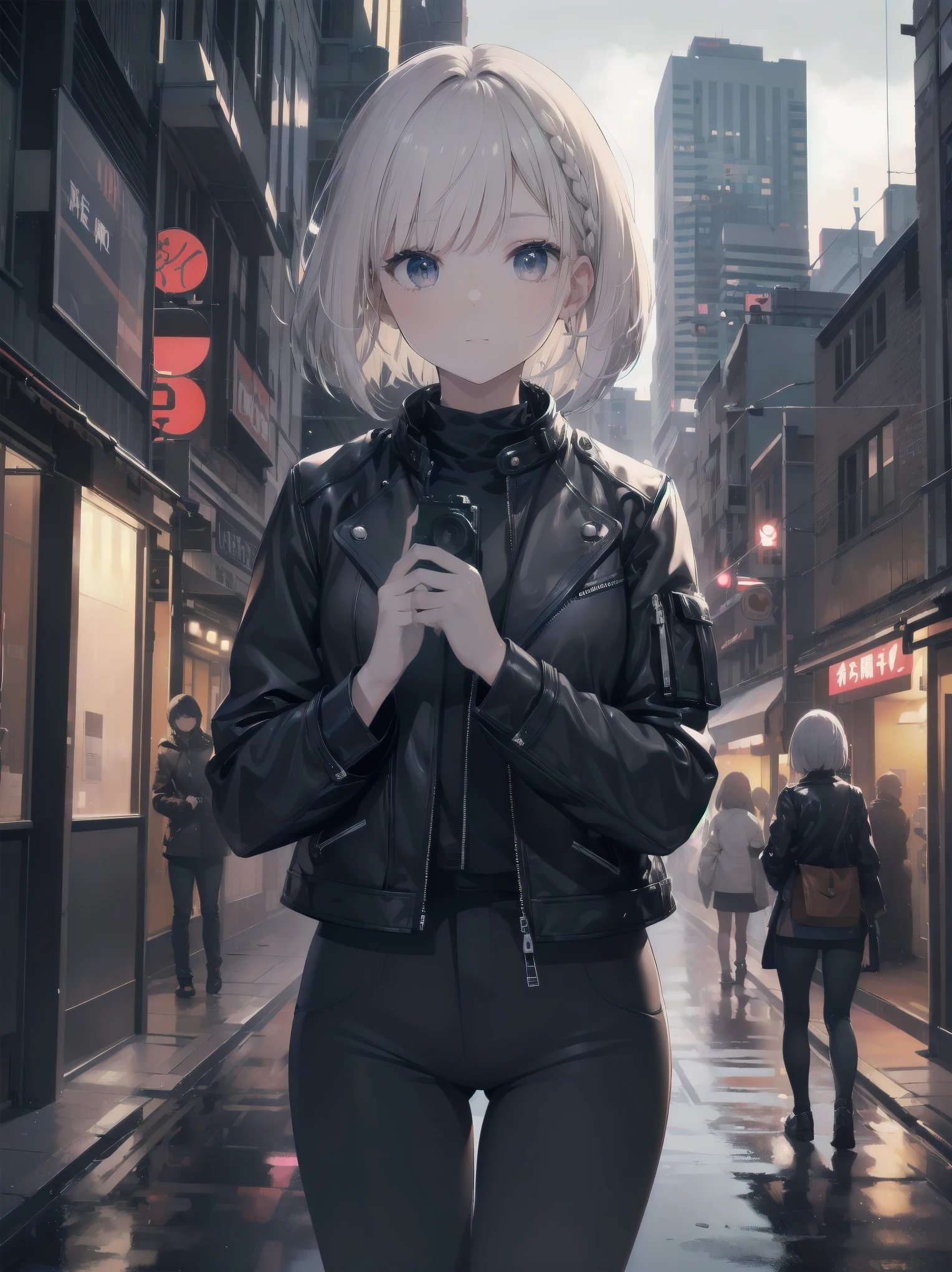 (((city:1.3, outdoor, Photographed from the front))), ((bob cut、braid、ribbon:1.3, leather jacket,brand clothes, japanese woman, cute)), (clean, natural makeup), (highest quality, masterpiece:1.3, 超High resolution), (Super detailed, caustics), (realistic:1.4, RAW shooting), very detailed, High resolution, 16K resolution
