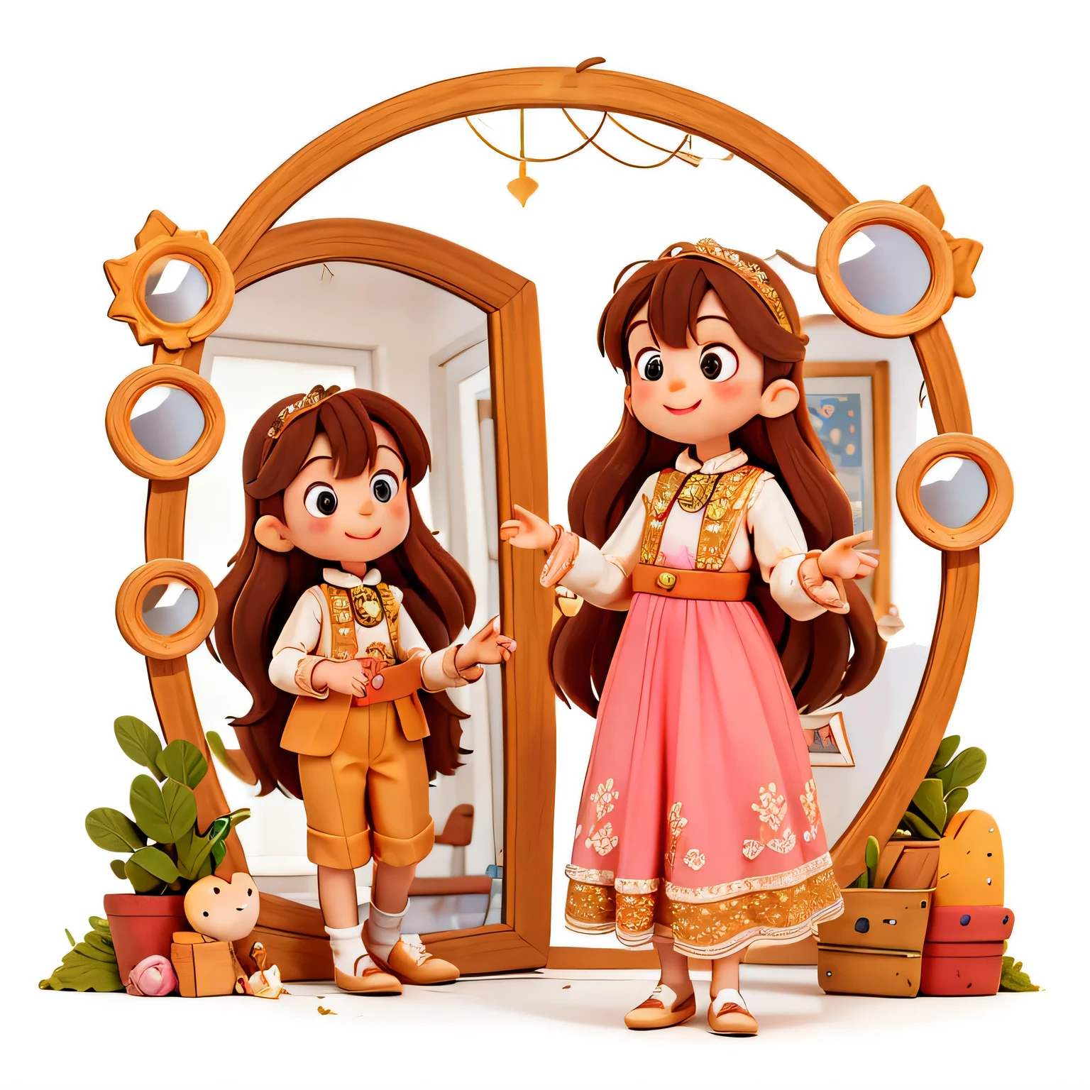 Girl with long brown hair，Put on a wedding dress，（look in the mirror），surrounded by mirrors，many mirrors，mirrors of different shapes（There is love）happy，（surrounded by love），logo，vector，line art，design，inspiration，straight line，cheap