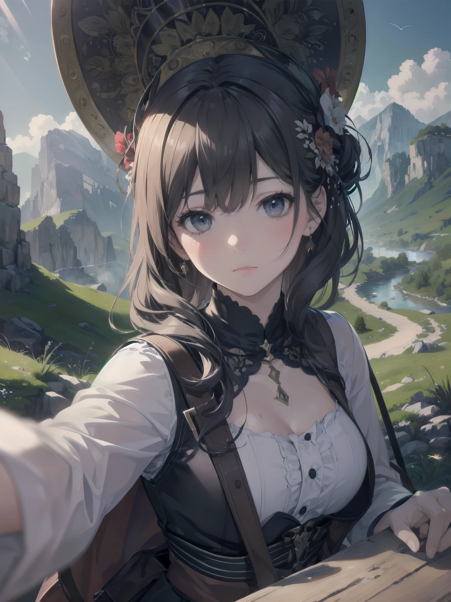 Super detailed illustrations , finely, quality, (masterpiece:1.2) , (photo realistic:1.2) , (best quality) , (fine skin:1.3) , (intricate details) , ray tracing, dramatic, pretty girl, A brave traveler was navigating a winding mountain road., She marveled at the breathtaking views of the valley below..