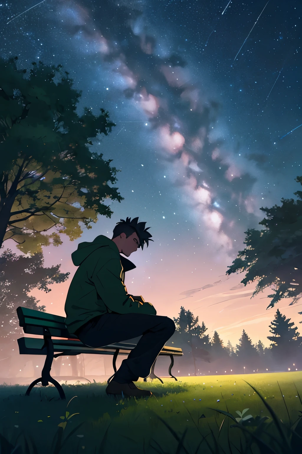 Draw a young man sitting on a bench under a tree with green grass at night watching the stars thinking, representing existentialism