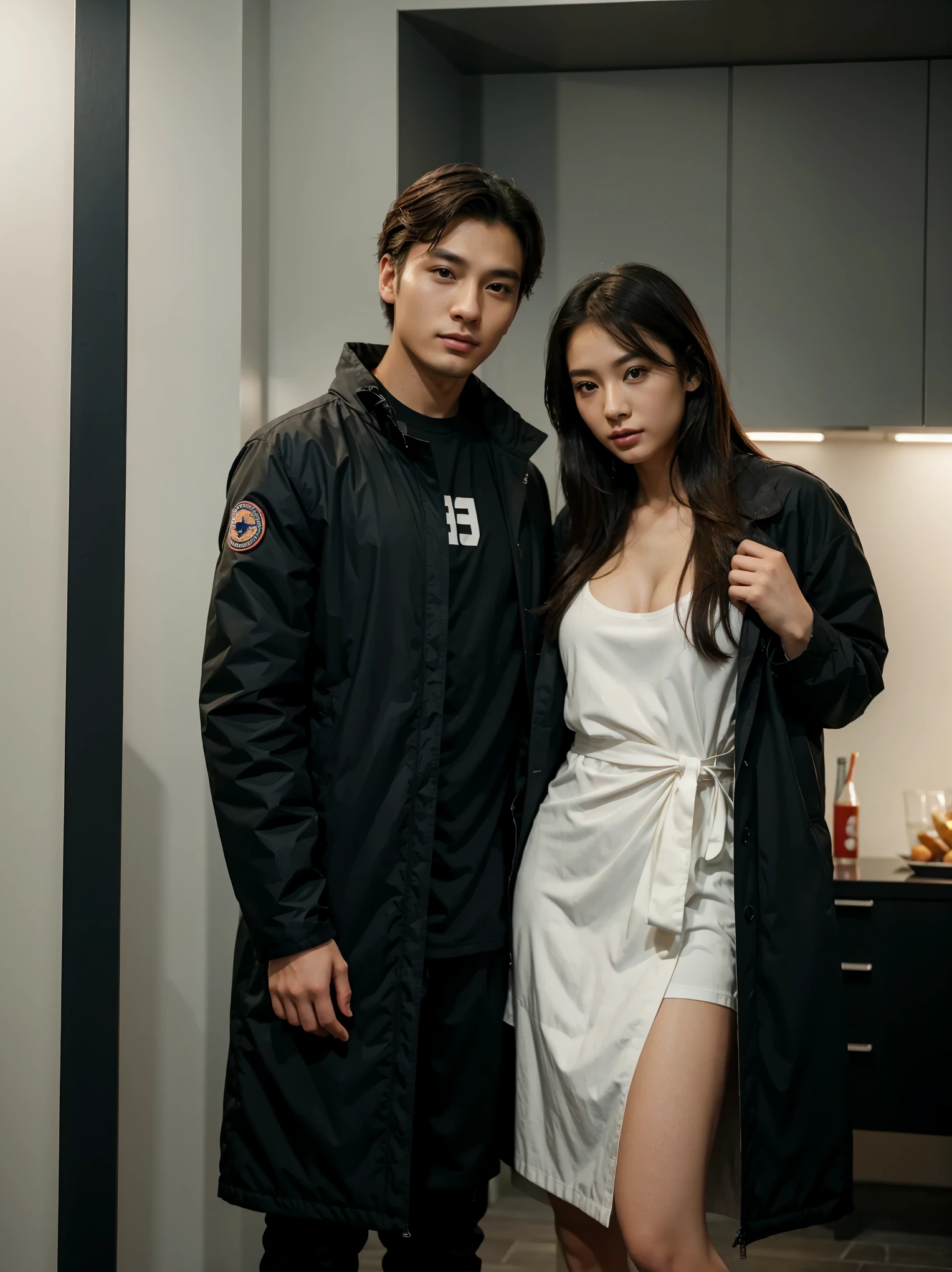 a man and a woman standing next to each other at a Party, an image, inspired by Adam Dario Keel, parka jacket, which is trending in the cg community, beautiful young Korean woman dressed in Long party dress movie screencap, model elisajes from acquamodels