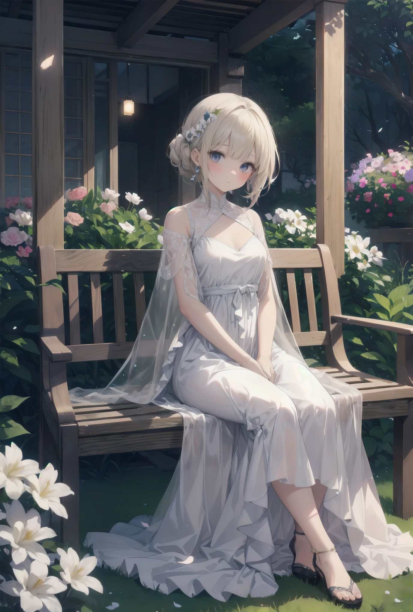 "Bathed in the soft glow of luminescent flowers, a young girl wearing a voluminous white gown adorned with layers of frilly lace sits on a marble bench in a serene garden. The air is filled with tiny, glowing orbs that reflect off the petals of the flowers and the fabric of her dress, giving the impression of a dreamlike fairytale setting. A sense of tranquility permeates the scene, emphasizing the peaceful nature of this celestial paradise."