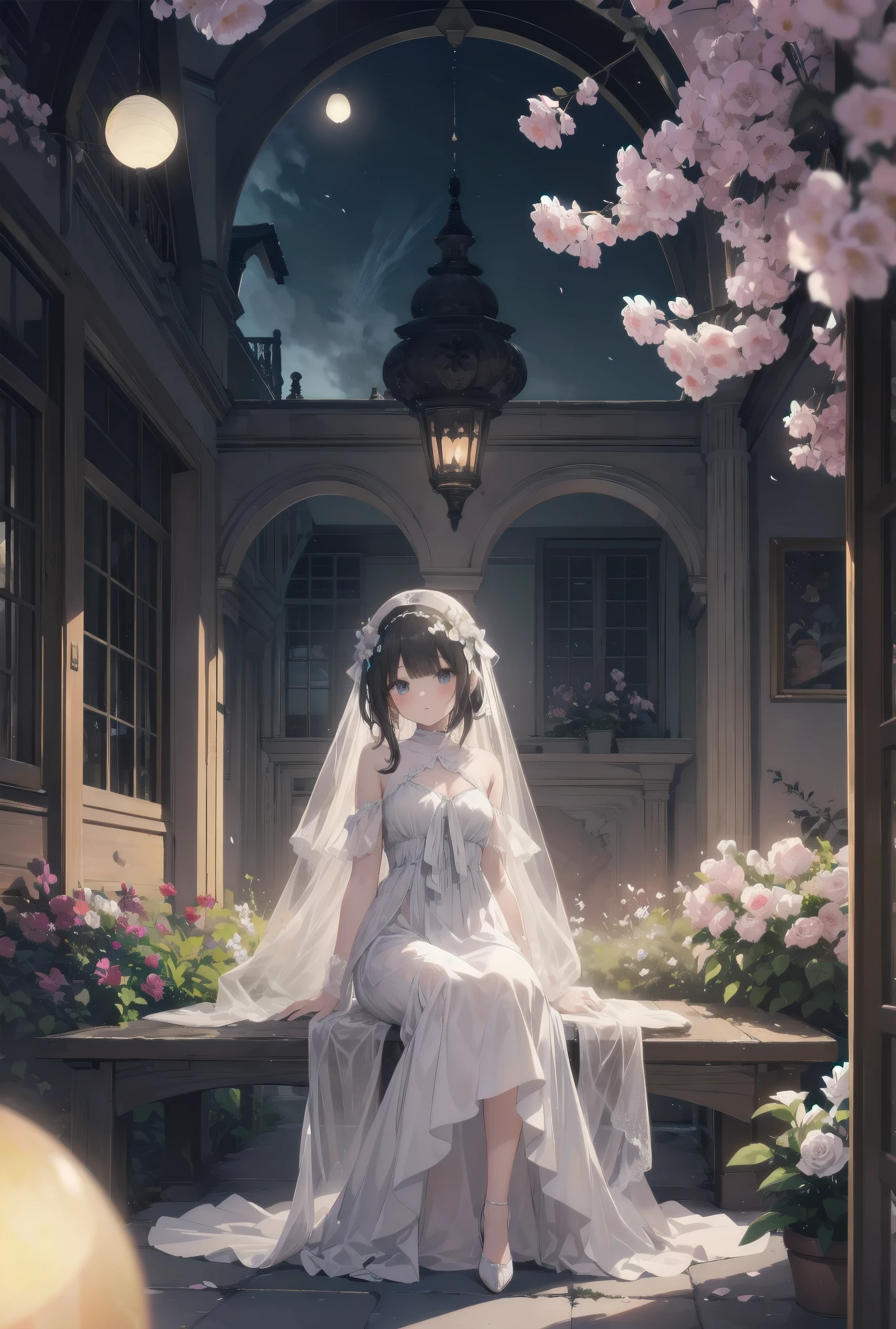 "Bathed in the soft glow of luminescent flowers, a young girl wearing a voluminous white gown adorned with layers of frilly lace sits on a marble bench in a serene garden. The air is filled with tiny, glowing orbs that reflect off the petals of the flowers and the fabric of her dress, giving the impression of a dreamlike fairytale setting. A sense of tranquility permeates the scene, emphasizing the peaceful nature of this celestial paradise."