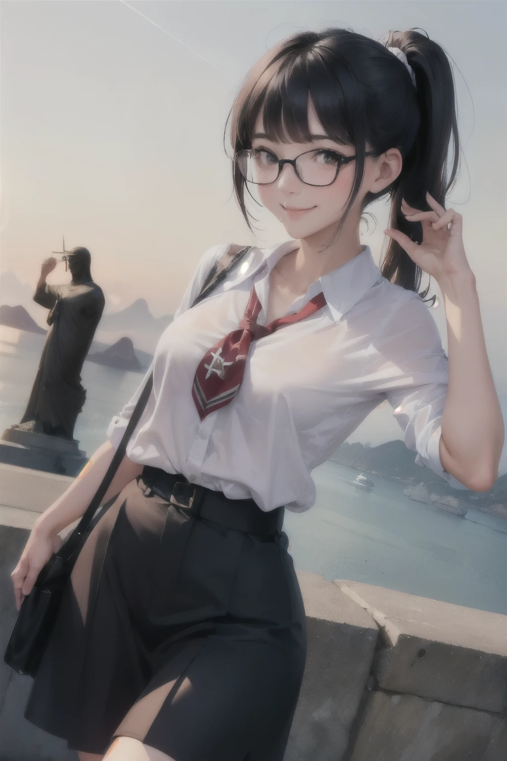 ((wide angle)) beautiful female tourist, black hair tied in a ponytail, bangs, wearing large glasses, smiling mouth, ((wearing a preppy style outfit)) morning light, Cristo Redentor Statue Brazil