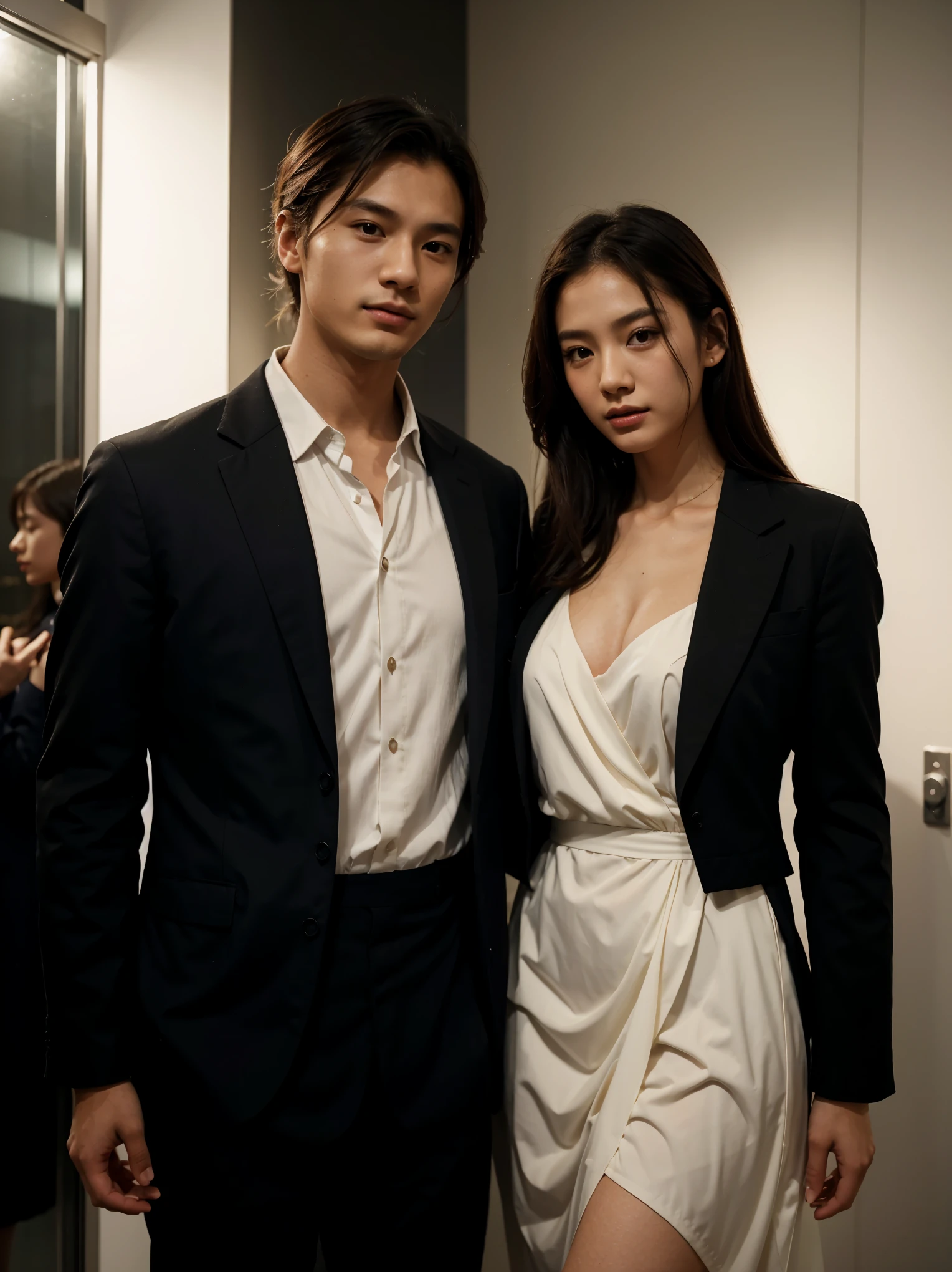 a man and a woman standing next to each other at a Party, an image, inspired by Adam Dario Keel, a jacket that is trending in the cg community, a beautiful young Korean woman wearing a long party dress, a screencap of the film, model elisajes from acquamodels
