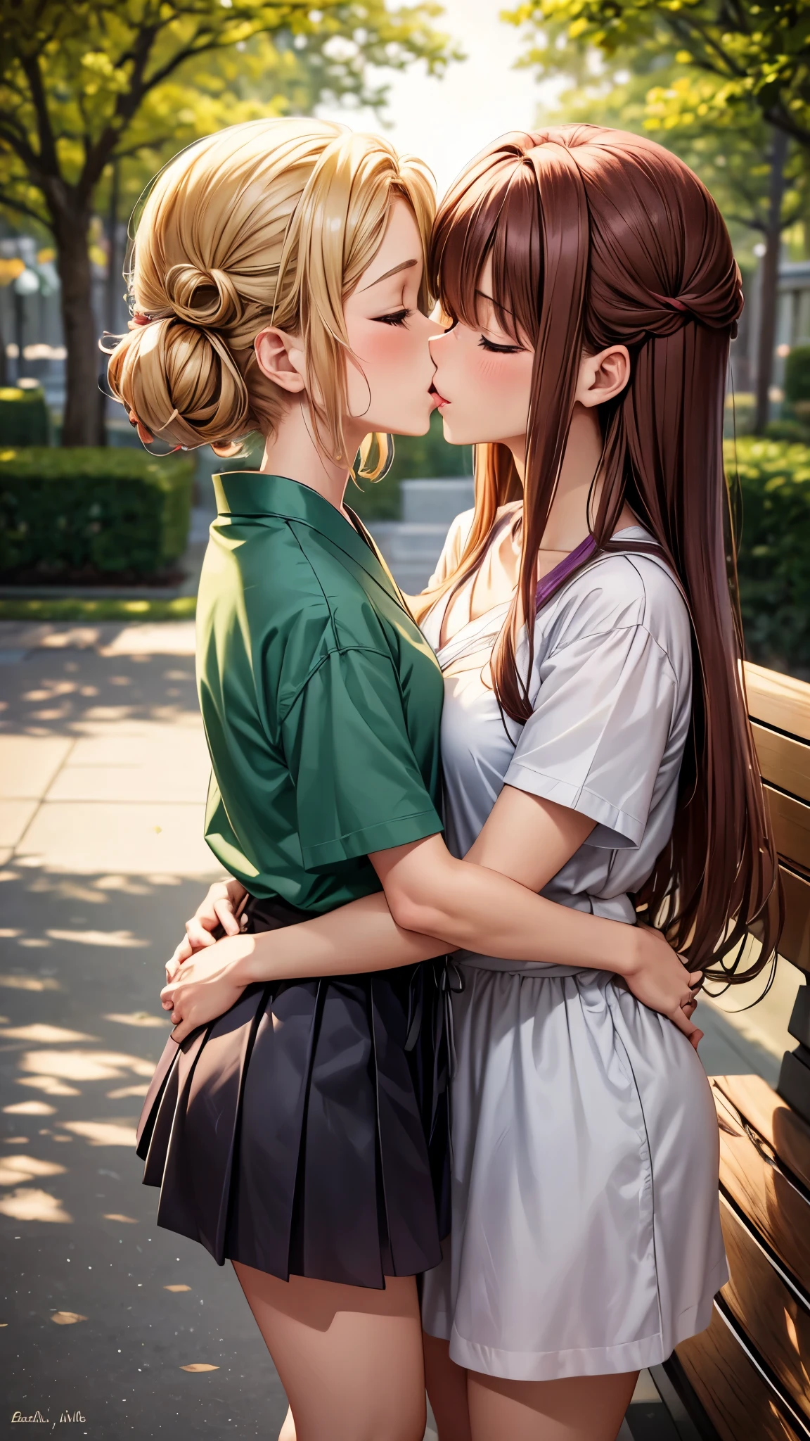 Ultra quality, masterpiece, anime, 2d, animation, Japanese style art, colorful japanese manga, 2 girls, medium blonde hair and lilac eyes, medium brown hair and brown eyes, casual clothes, skirt, t-shirt, dress, french kiss, kiss on the mouth, tongue kiss, intimate, nsfw, salivas, standing, flushed faces, closed eyes, night, dark lighting, stars, moon, bench, trees, green, grass, park