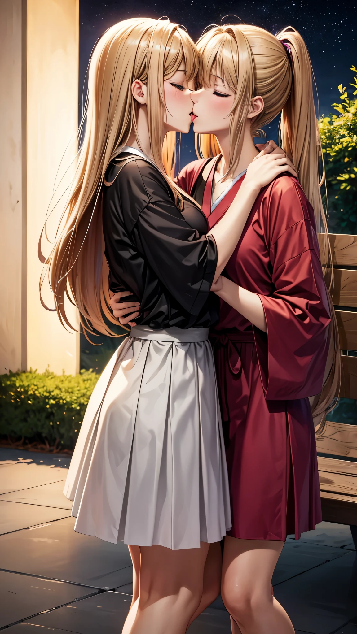 Ultra quality, masterpiece, anime, 2d, animation, Japanese style art, colorful japanese manga, 2 girls, medium blonde hair and lilac eyes, medium brown hair and brown eyes, casual clothes, skirt, t-shirt, dress, french kiss, kiss on the mouth, tongue kiss, intimate, nsfw, salivas, standing, flushed faces, closed eyes, night, dark lighting, stars, moon, bench, trees, green, grass, park