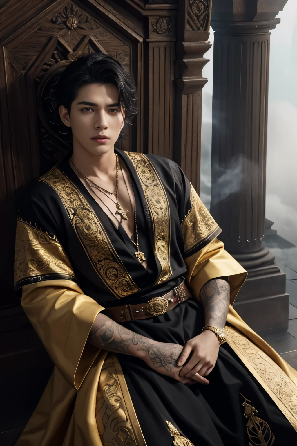 (best quality,4k,8k,highres,masterpiece:1.2),ultra-detailed,(realistic,photorealistic,photo-realistic:1.37),young man with black hair,(shaved temples:1.1),(golden eyes:1.1),sits on a detailed throne, fantasy clothing,dark atmosphere,dramatic lighting,dense fog,ornate decorations,ancient symbols,mystical aura,ominous shadows,spiky leather armor,tattoos on arms,crown with intricate carvings,elaborate patterns,sharp edges,tattered banners and flags,stone pillars with engravings,gold accents and jewelry,eyes glowing with magic,smoke rising from beneath the throne,glowing runes,heart-shaped pendant hanging from neck